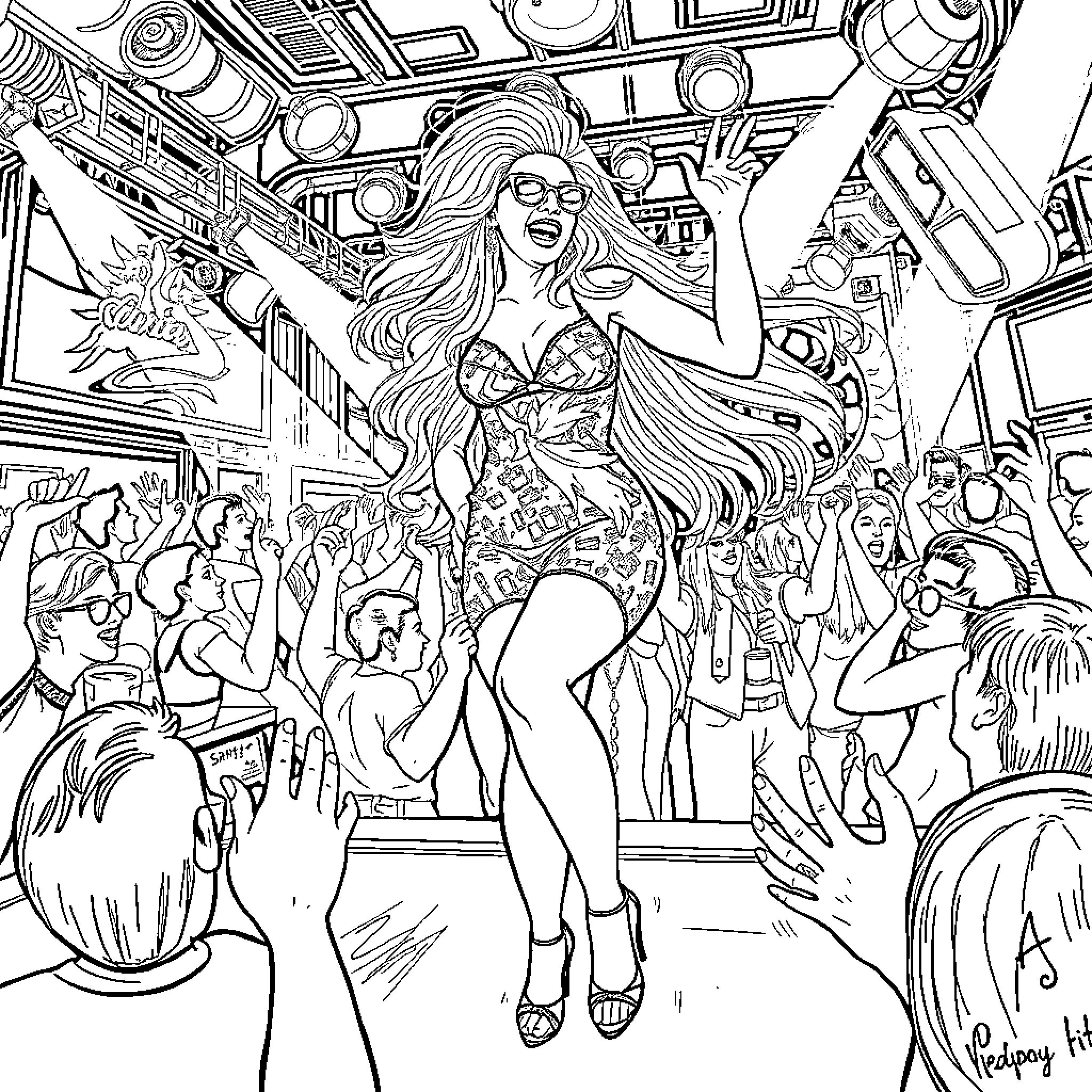 Lady Gaga's Electrifying Performance on Stage Coloring Page (free black-and-white line drawing printable PDF for all, from beginners to advanced learners, including children, teens, adults, and seniors)