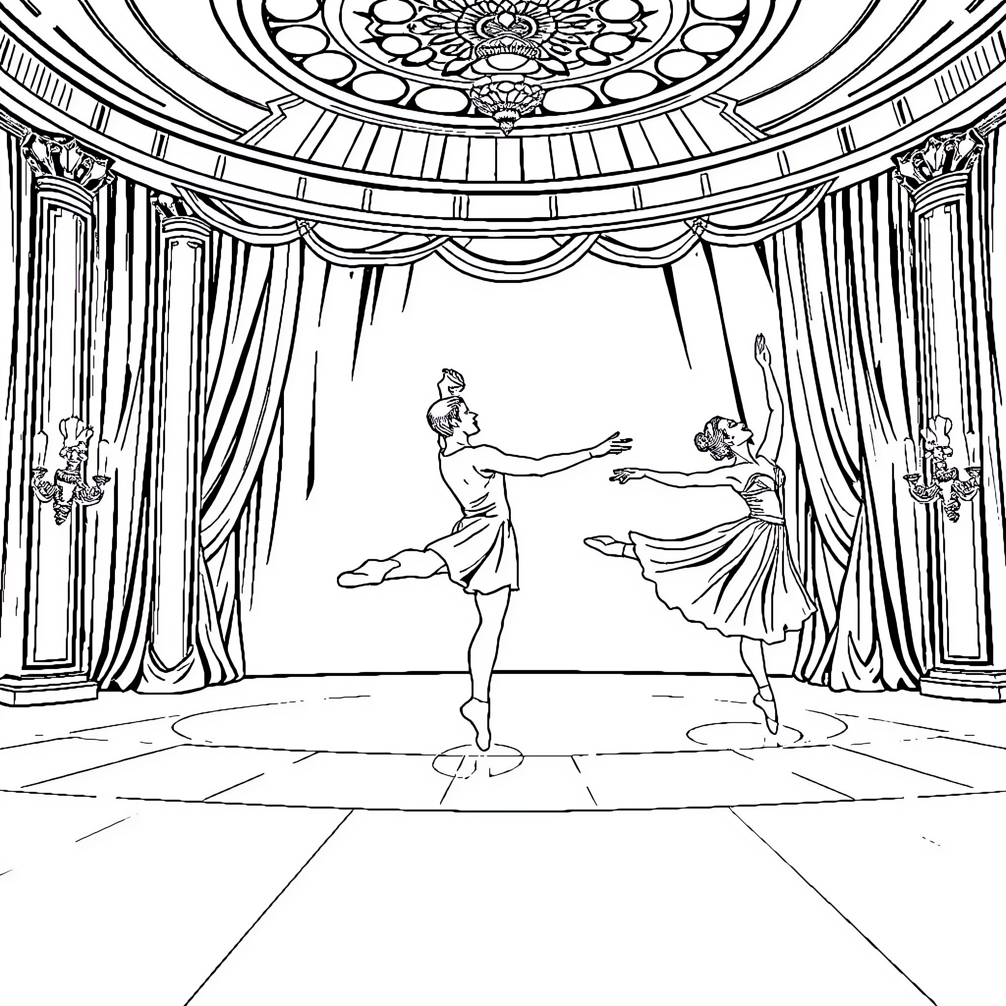 Ballet Performance on a Grand Stage Coloring Page (free black-and-white line drawing printable PDF for all, from beginners to advanced learners, including children, teens, adults, and seniors)