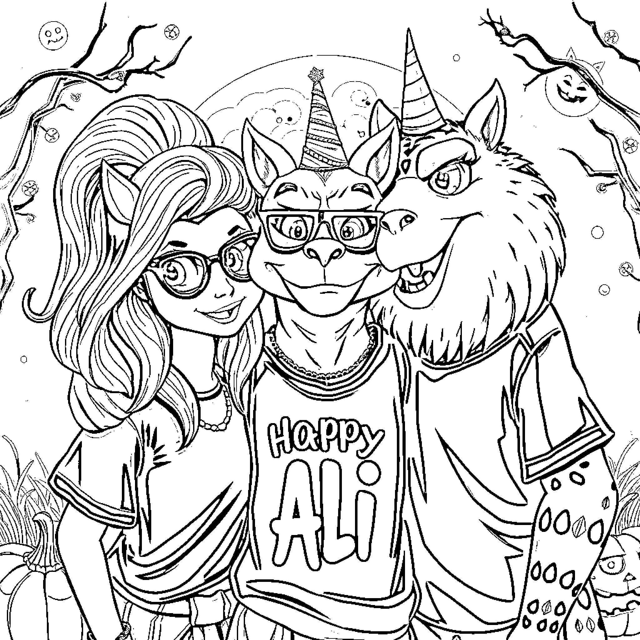Atrizes in a Whimsical Halloween Scene Coloring Page (free black-and-white line drawing printable PDF for all, from beginners to advanced learners, including children, teens, adults, and seniors)