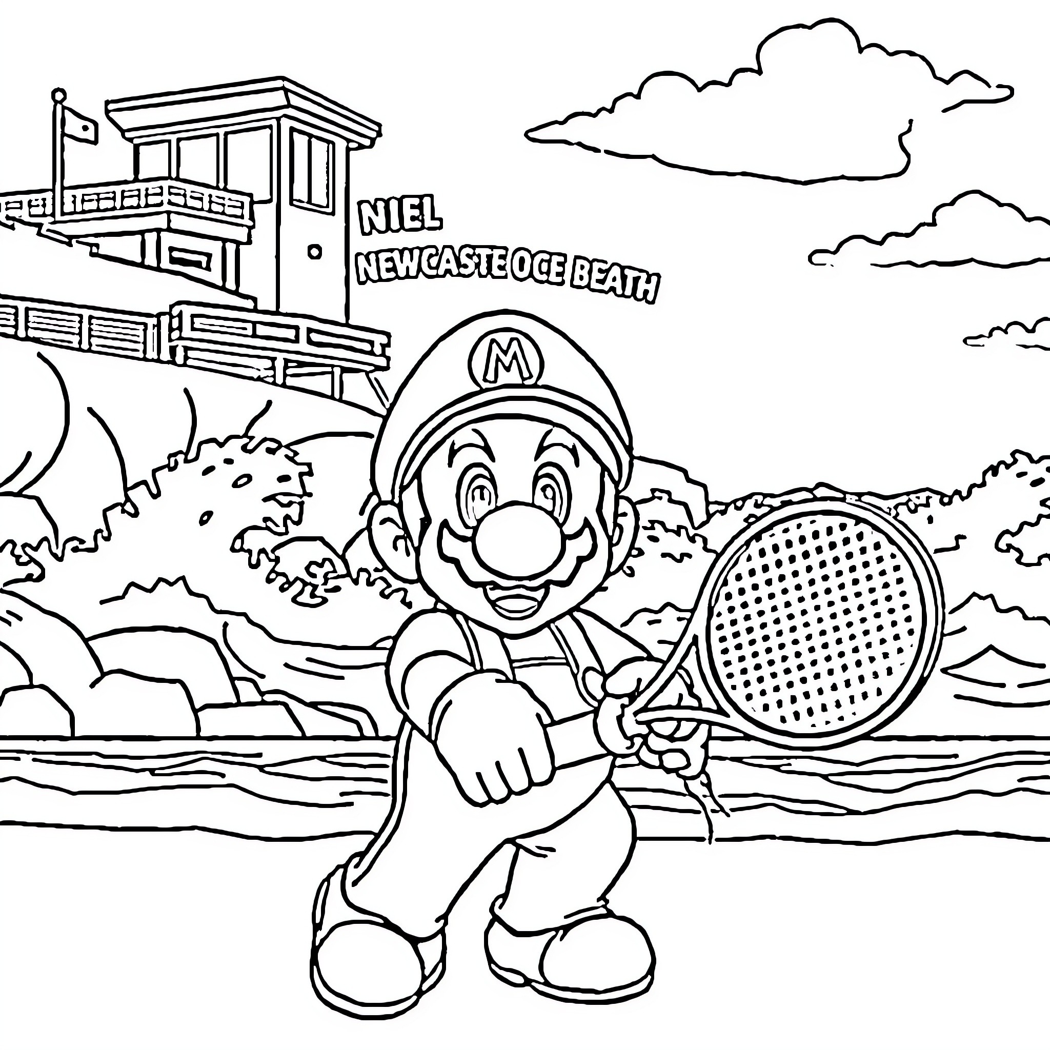 Mario playing tennis at the beach Coloring Page (free black-and-white line drawing printable PDF for all, from beginners to advanced learners, including children, teens, adults, and seniors)