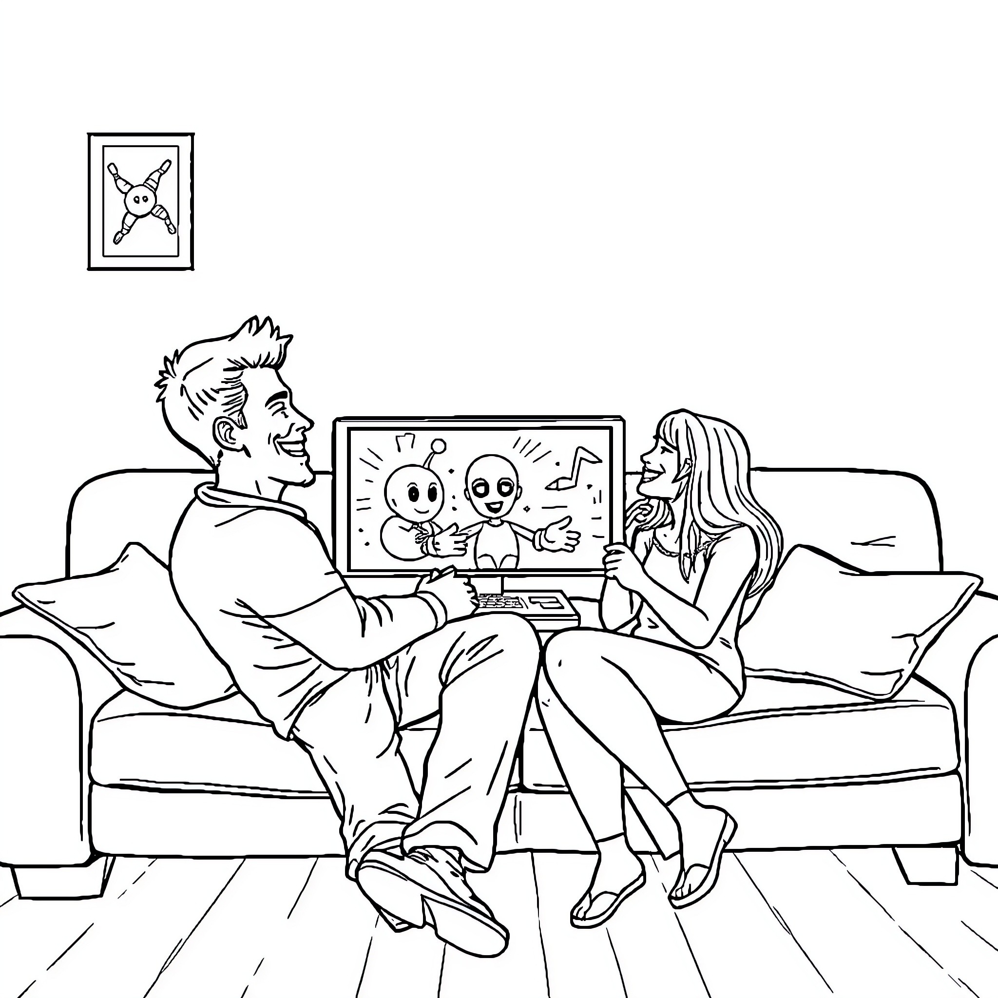 Man and woman watching cartoon characters on laptop Coloring Page (free black-and-white line drawing printable PDF for all, from beginners to advanced learners, including children, teens, adults, and seniors)