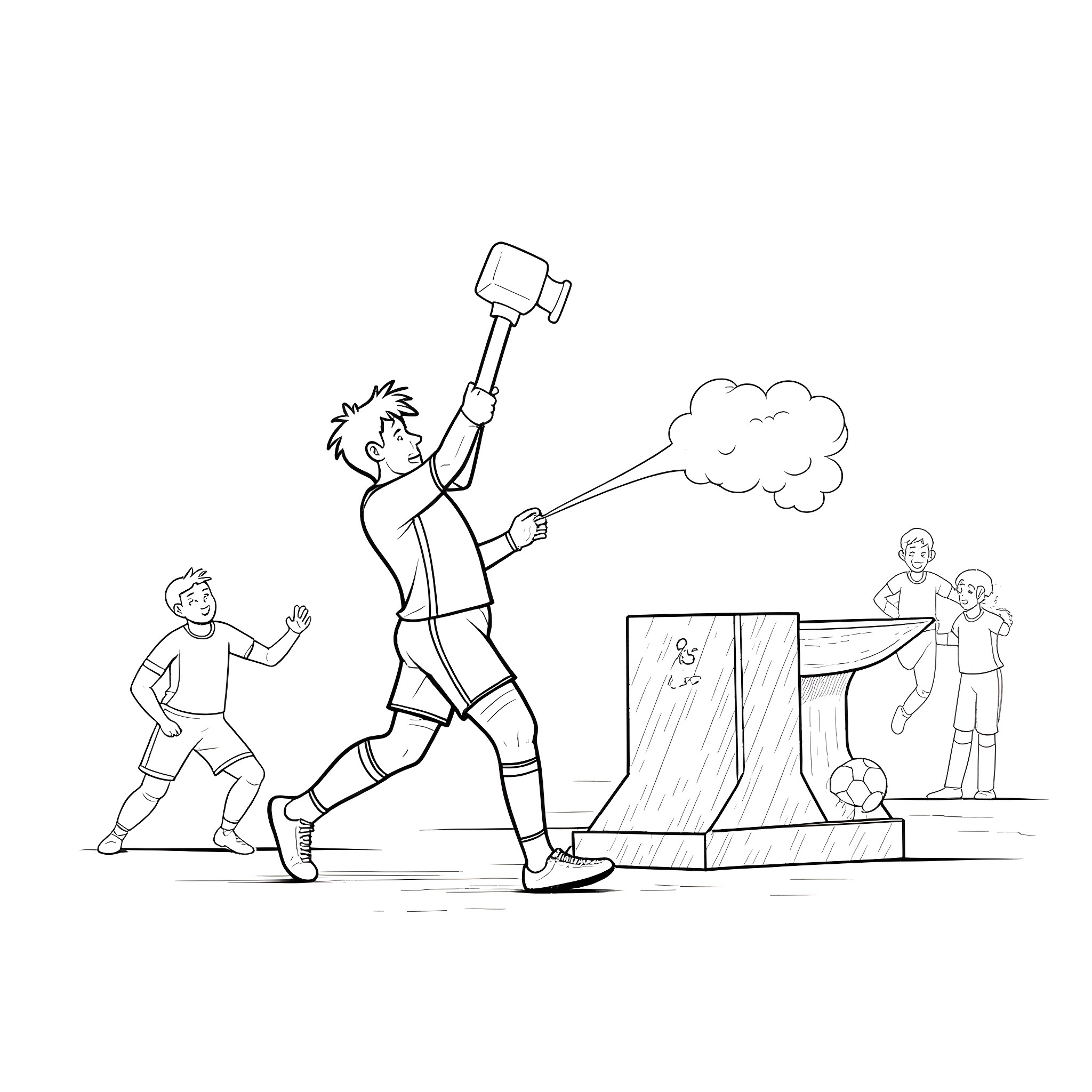 Soccer Player Celebrating Victory with Team Coloring Page (free black-and-white line drawing printable PDF for all, from beginners to advanced learners, including children, teens, adults, and seniors)