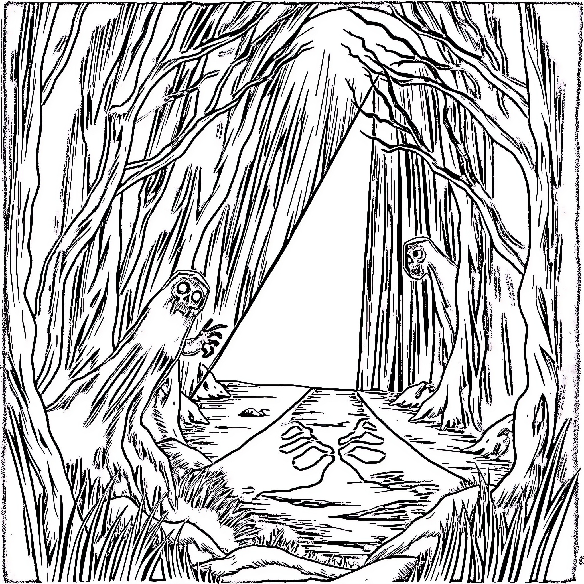 Horror in the Haunted Forest Coloring Page (free black-and-white line drawing printable PDF for all, from beginners to advanced learners, including children, teens, adults, and seniors)