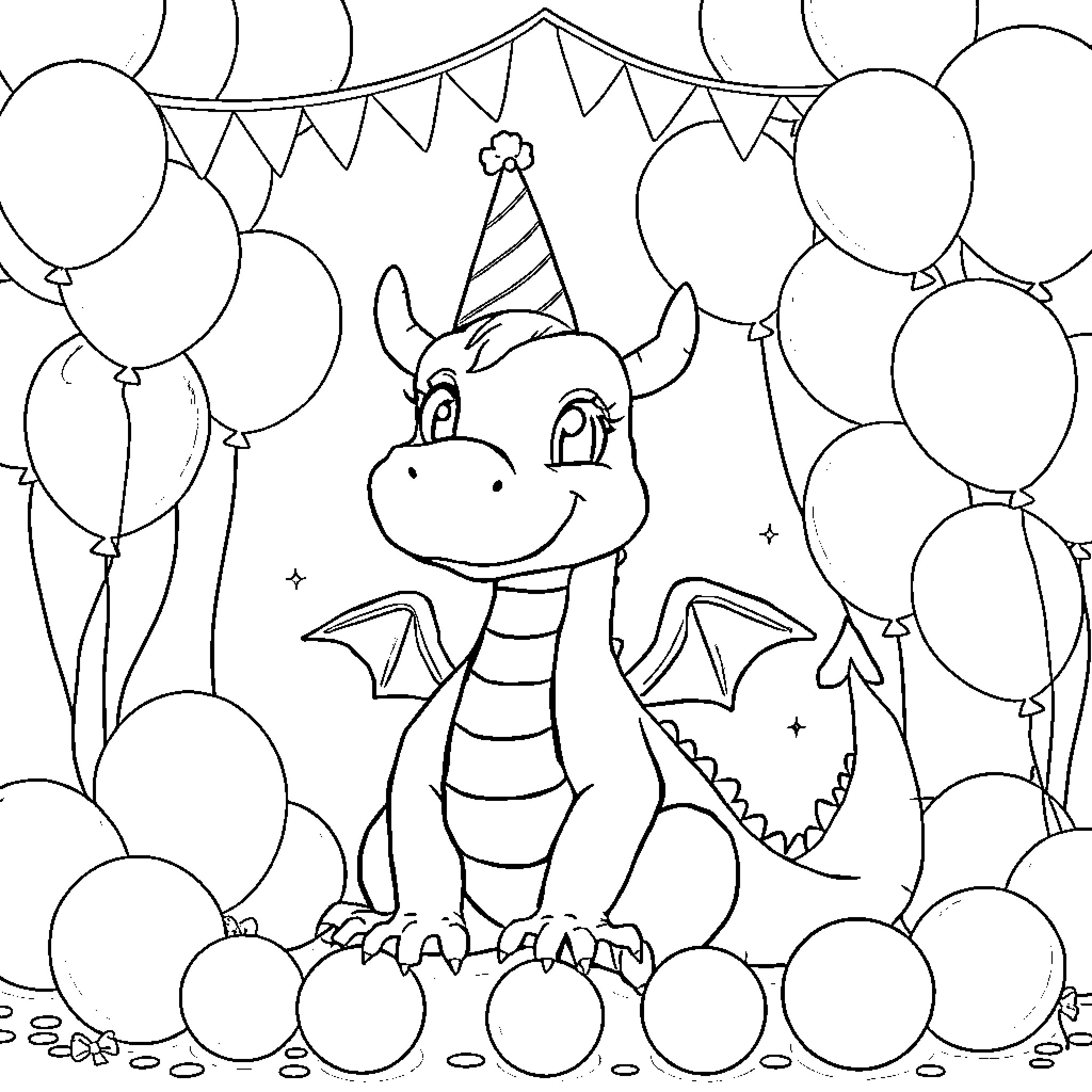 Dragon Celebrating with Balloons and Party Decorations Coloring Page (free black-and-white line drawing printable PDF for all, from beginners to advanced learners, including children, teens, adults, and seniors)