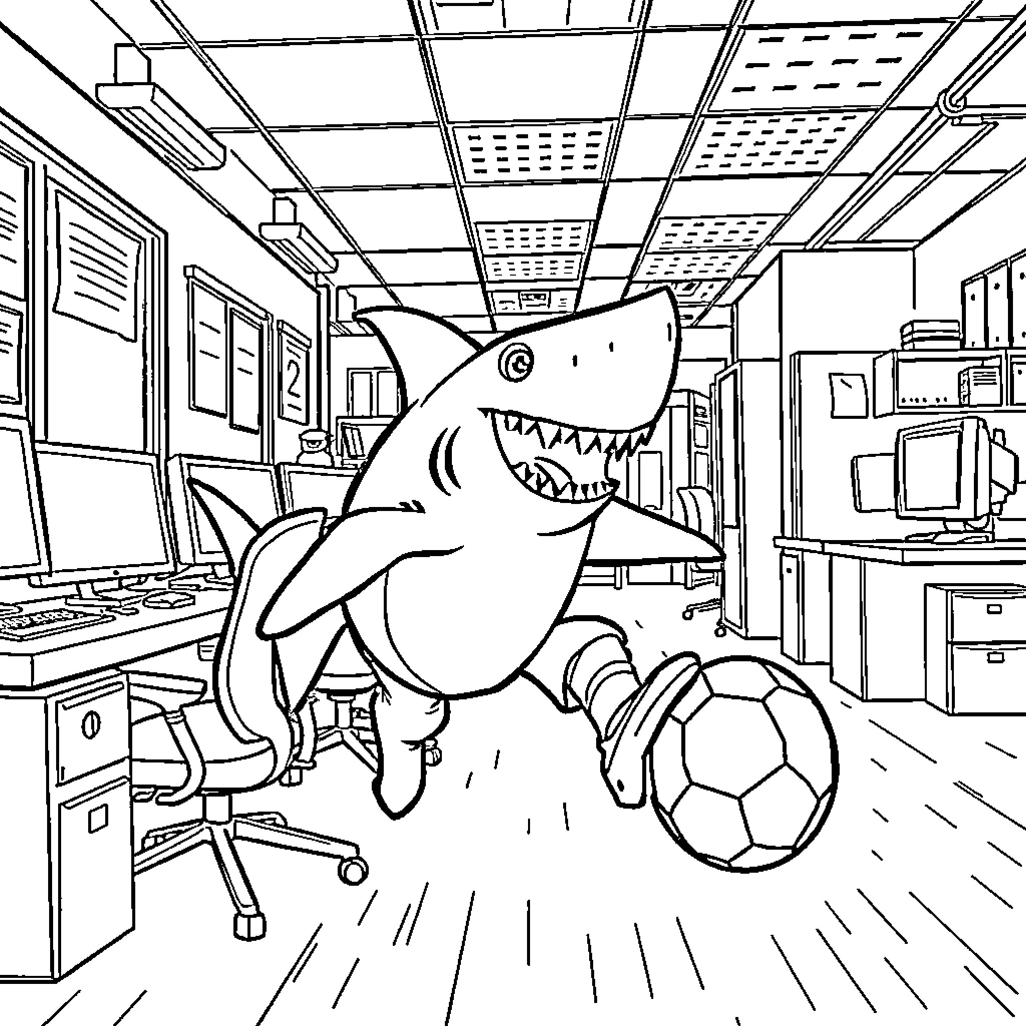 Shark playing with soccer ball in school office Coloring Page (free black-and-white line drawing printable PDF for all, from beginners to advanced learners, including children, teens, adults, and seniors)