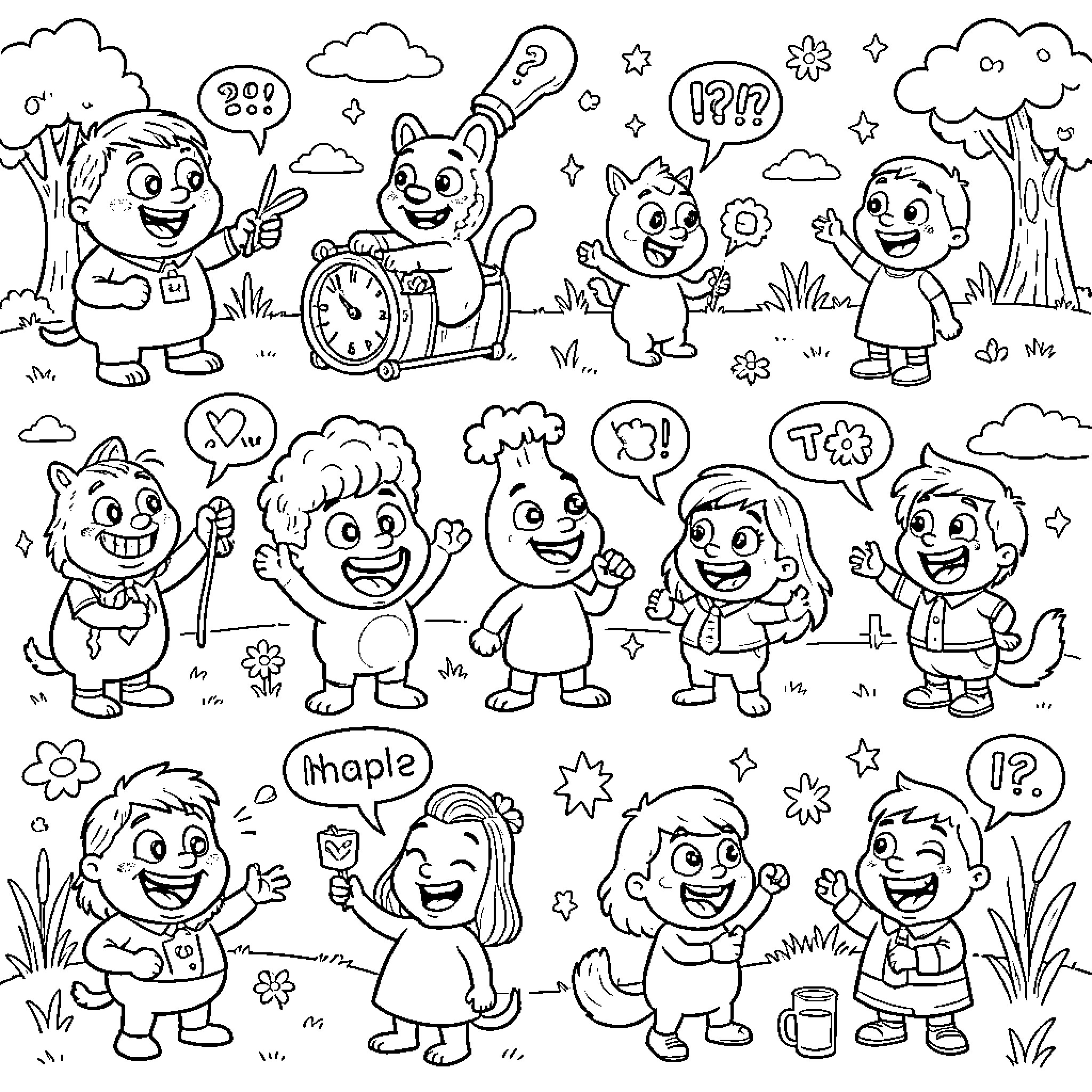 Cartoon characters expressing joy and excitement in nature Coloring Page (free black-and-white line drawing printable PDF for all, from beginners to advanced learners, including children, teens, adults, and seniors)