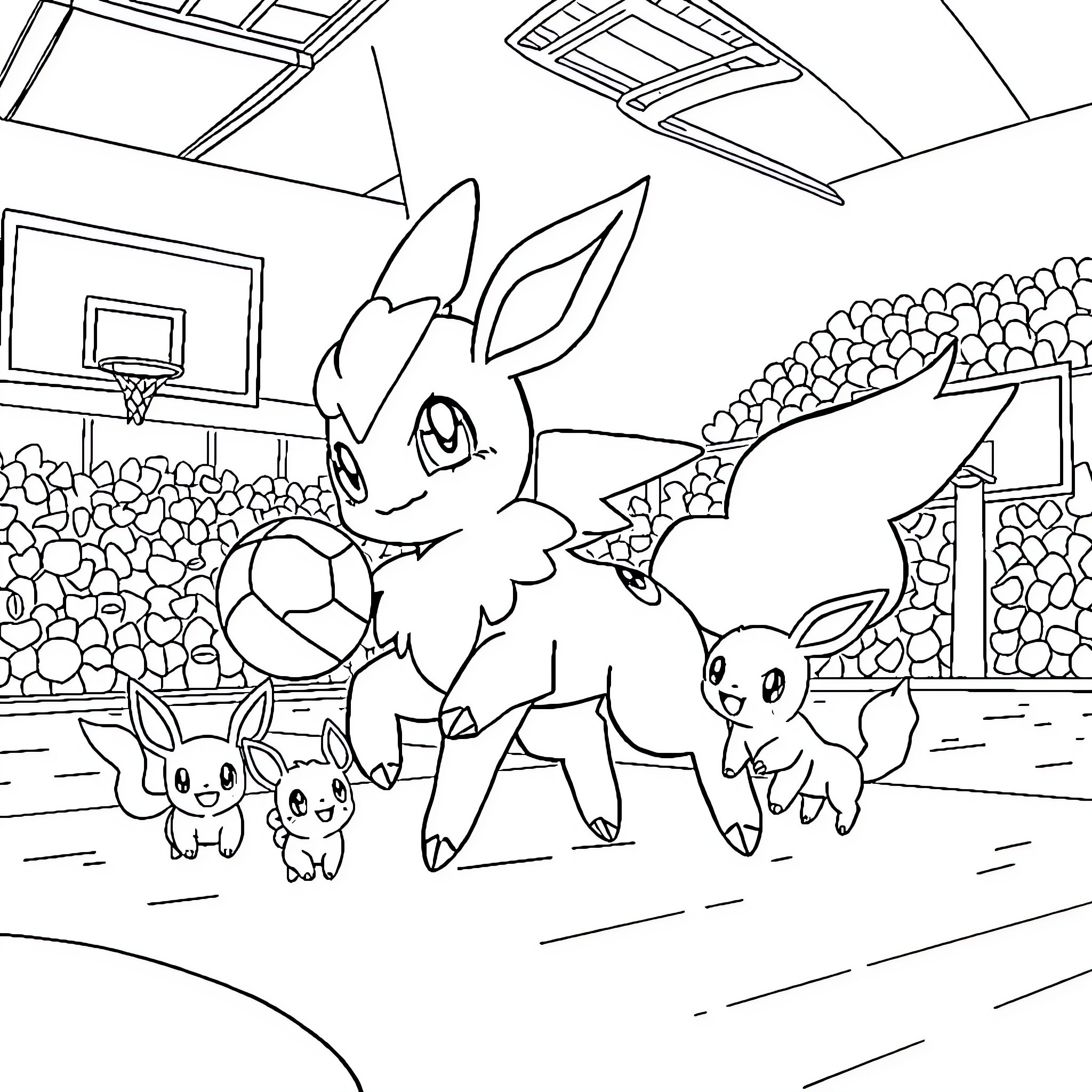 Vaporeon playing with Eevee family in basketball court Coloring Page (free black-and-white line drawing printable PDF for all, from beginners to advanced learners, including children, teens, adults, and seniors)