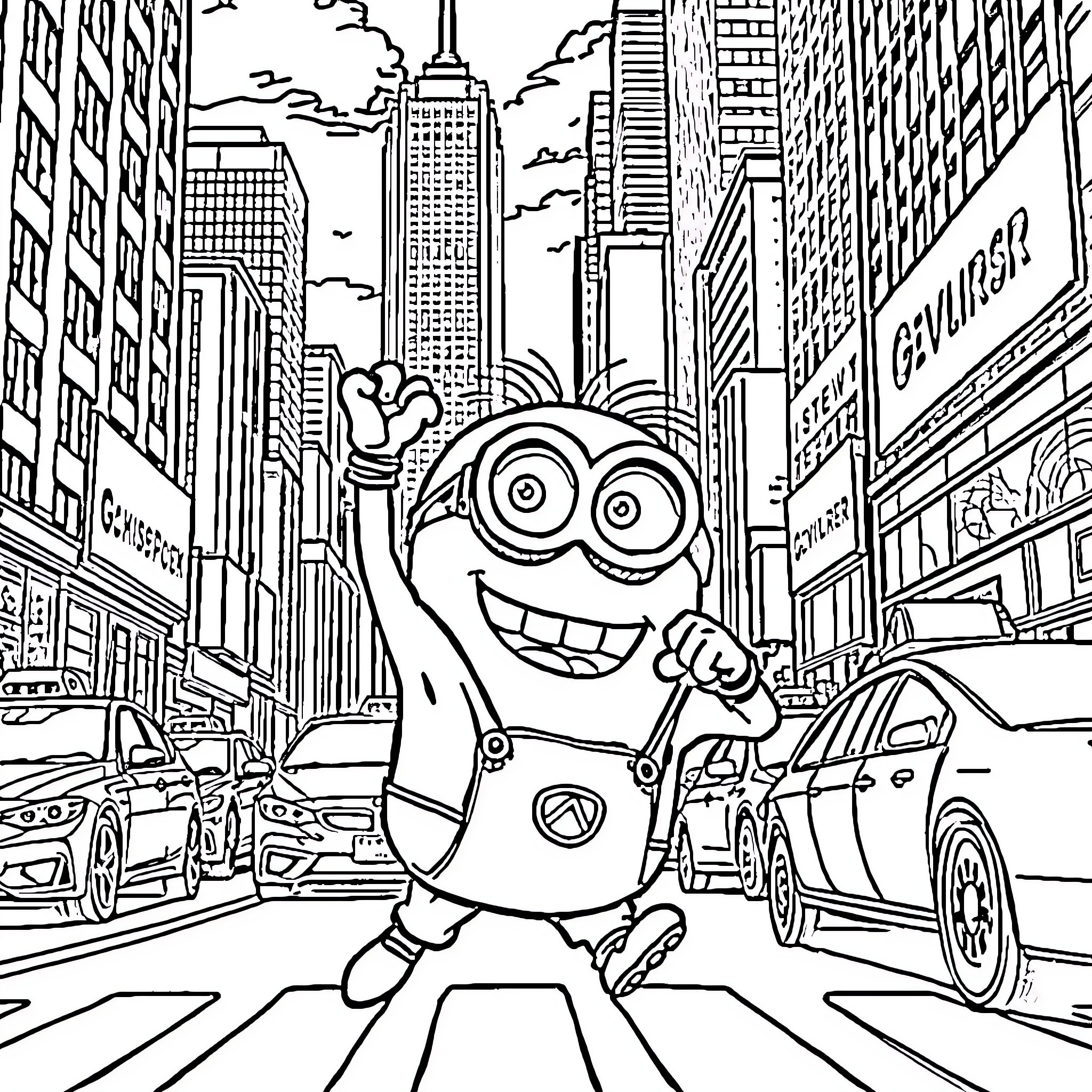 Minion exploring the bustling city streets Coloring Page (free black-and-white line drawing printable PDF for all, from beginners to advanced learners, including children, teens, adults, and seniors)