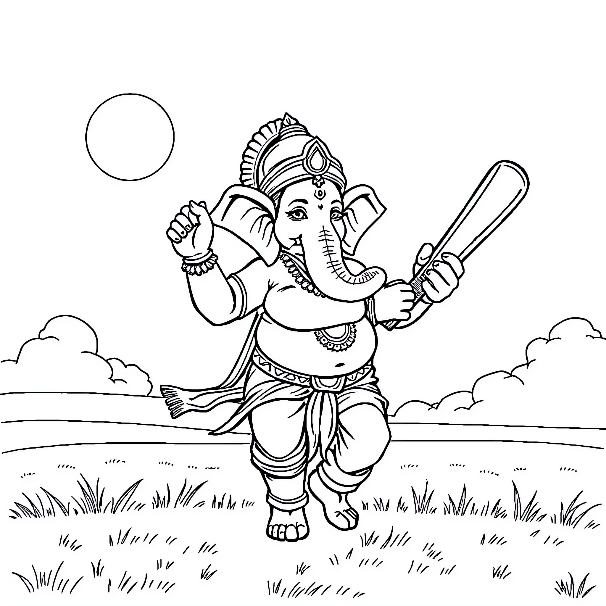 Ganesha Dancing with Musical Instruments Coloring Page (free black-and-white line drawing printable PDF for all, from beginners to advanced learners, including children, teens, adults, and seniors)