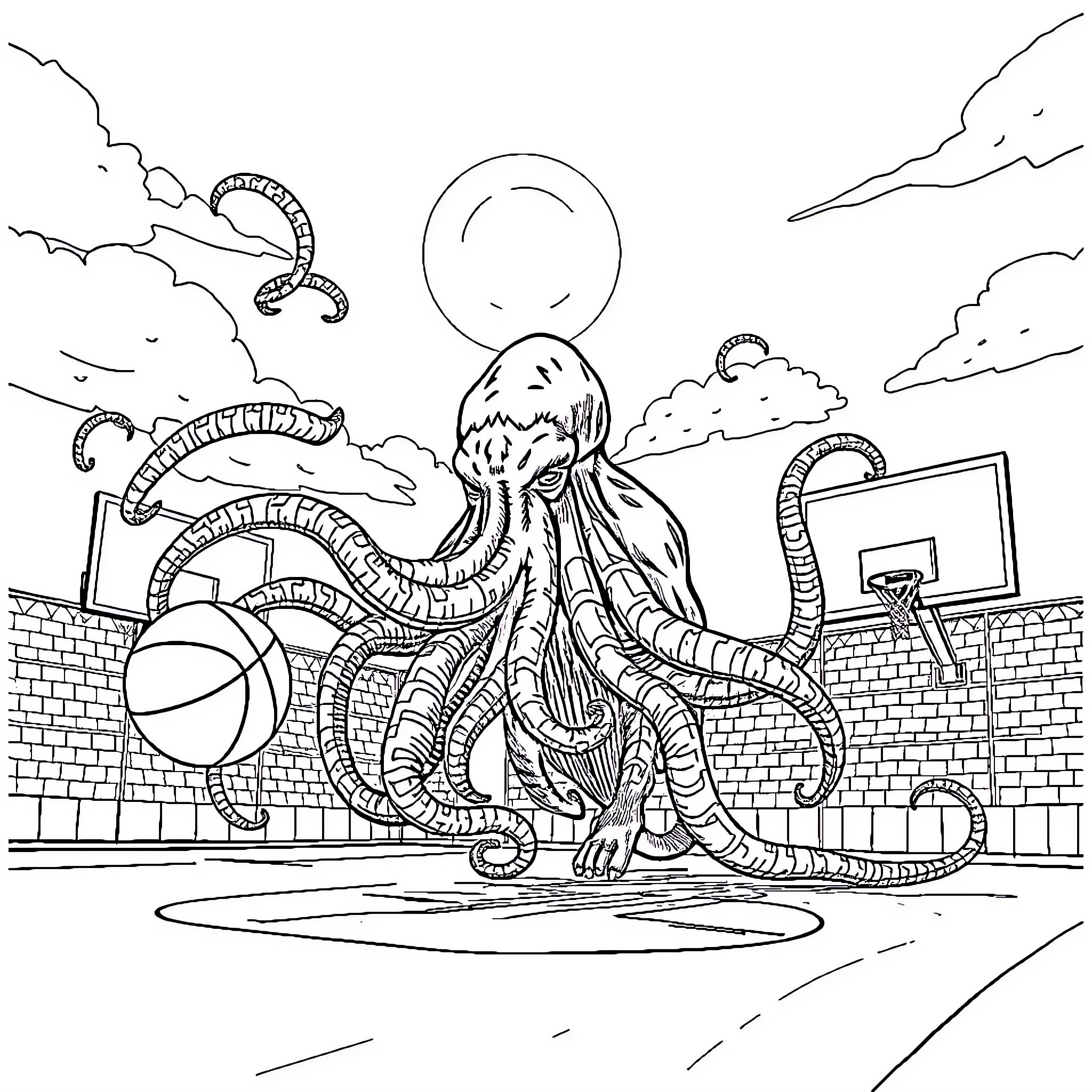 Cthulhu's Monstrous Hoops and Tentacles Coloring Page (free black-and-white line drawing printable PDF for all, from beginners to advanced learners, including children, teens, adults, and seniors)
