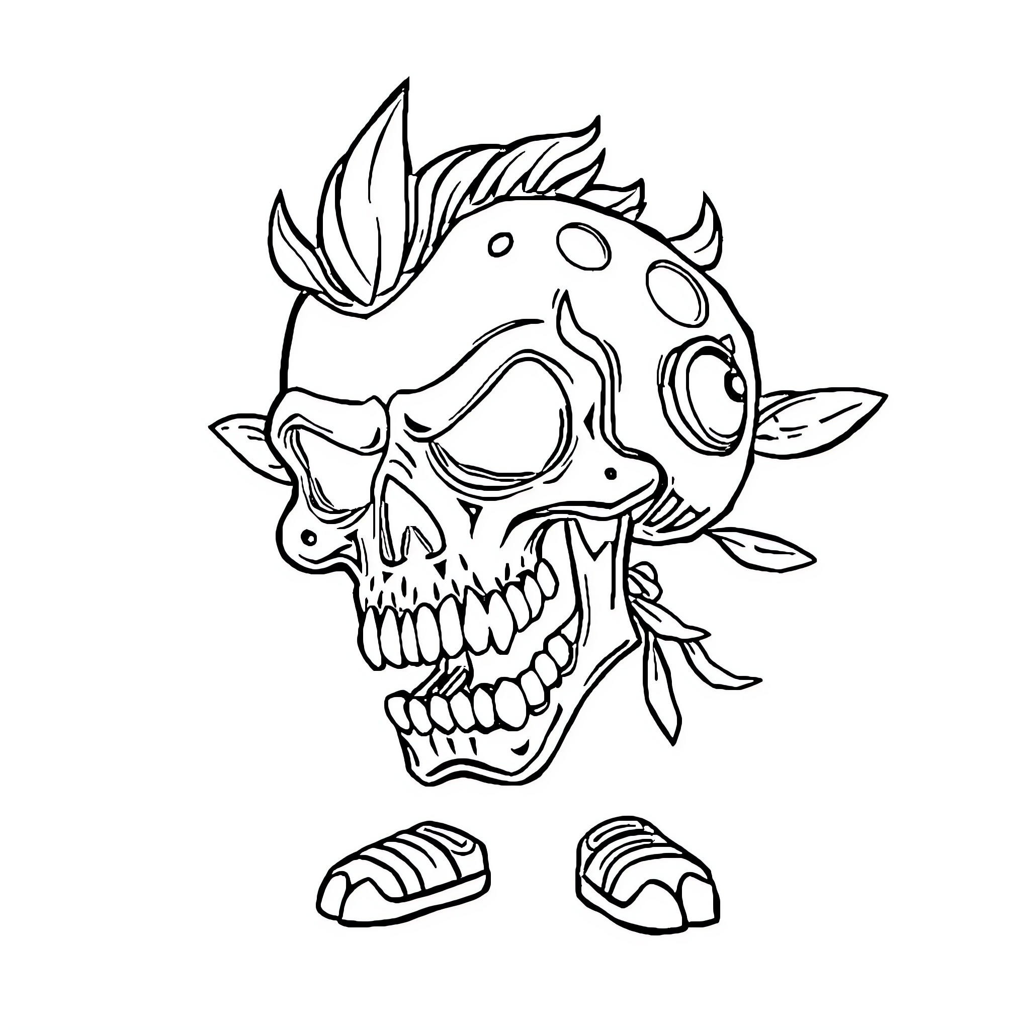 BuzzSkull Punk Skull with Mohawk Coloring Page (free black-and-white line drawing printable PDF for all, from beginners to advanced learners, including children, teens, adults, and seniors)