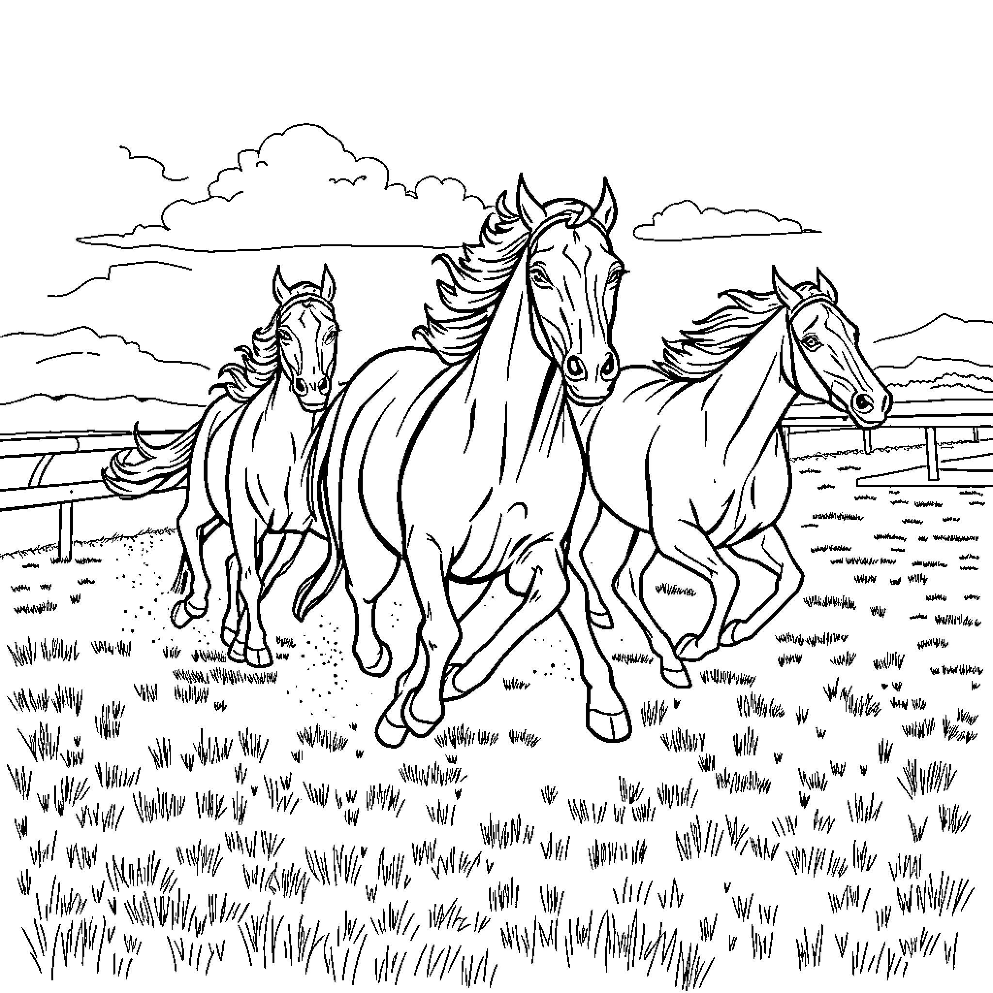 Racehorse trio galloping through the countryside Coloring Page (free black-and-white line drawing printable PDF for all, from beginners to advanced learners, including children, teens, adults, and seniors)