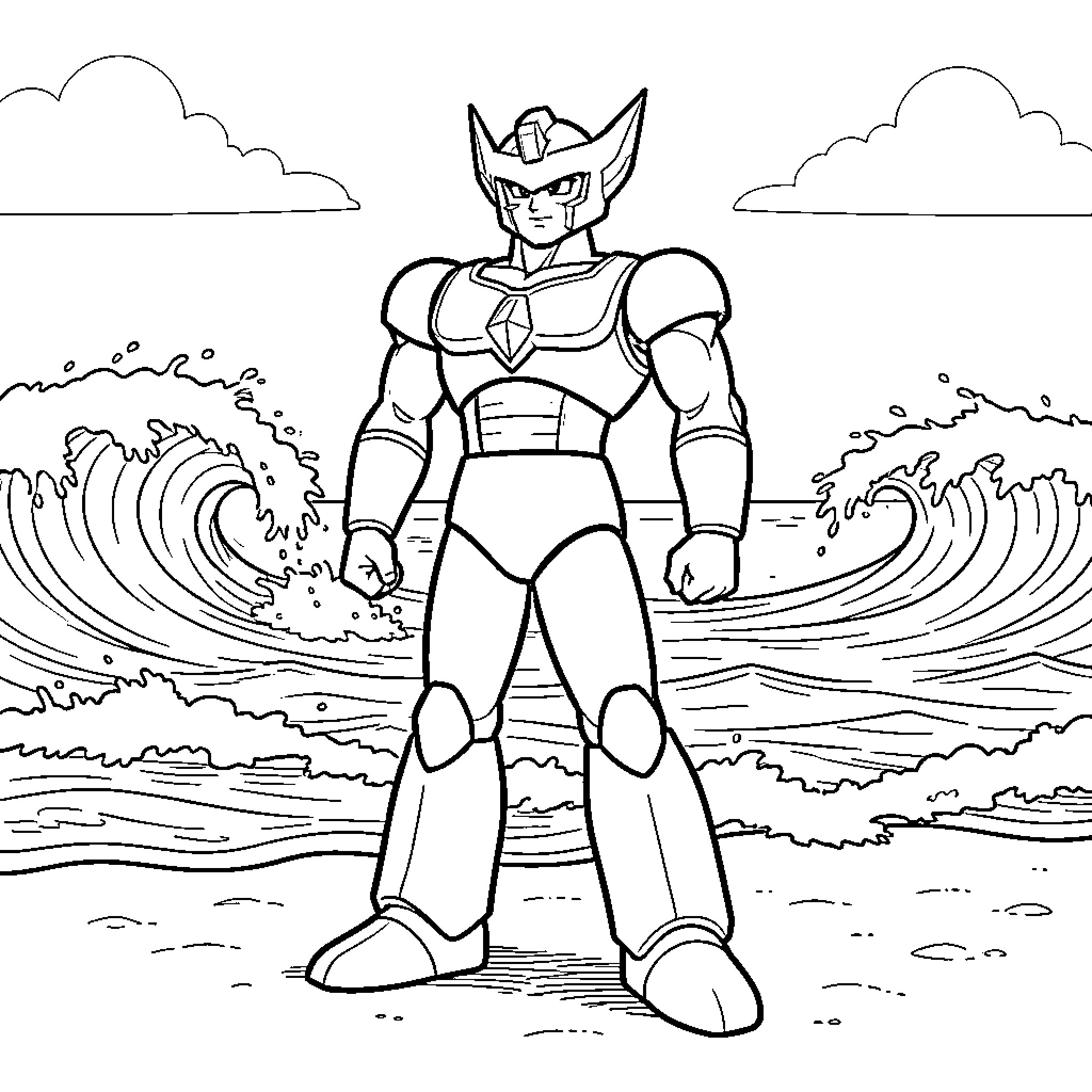 Goldorak standing heroically on a beach by crashing waves Coloring Page (free black-and-white line drawing printable PDF for all, from beginners to advanced learners, including children, teens, adults, and seniors)