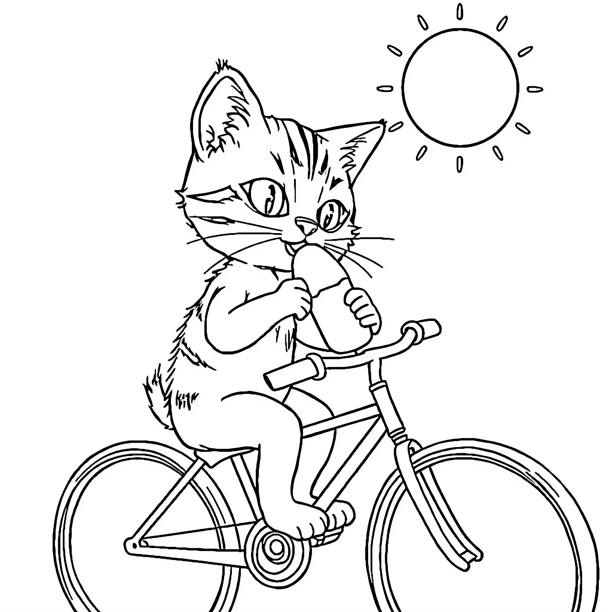 Cat riding a bicycle in the sun Coloring Page (free black-and-white line drawing printable PDF for all, from beginners to advanced learners, including children, teens, adults, and seniors)