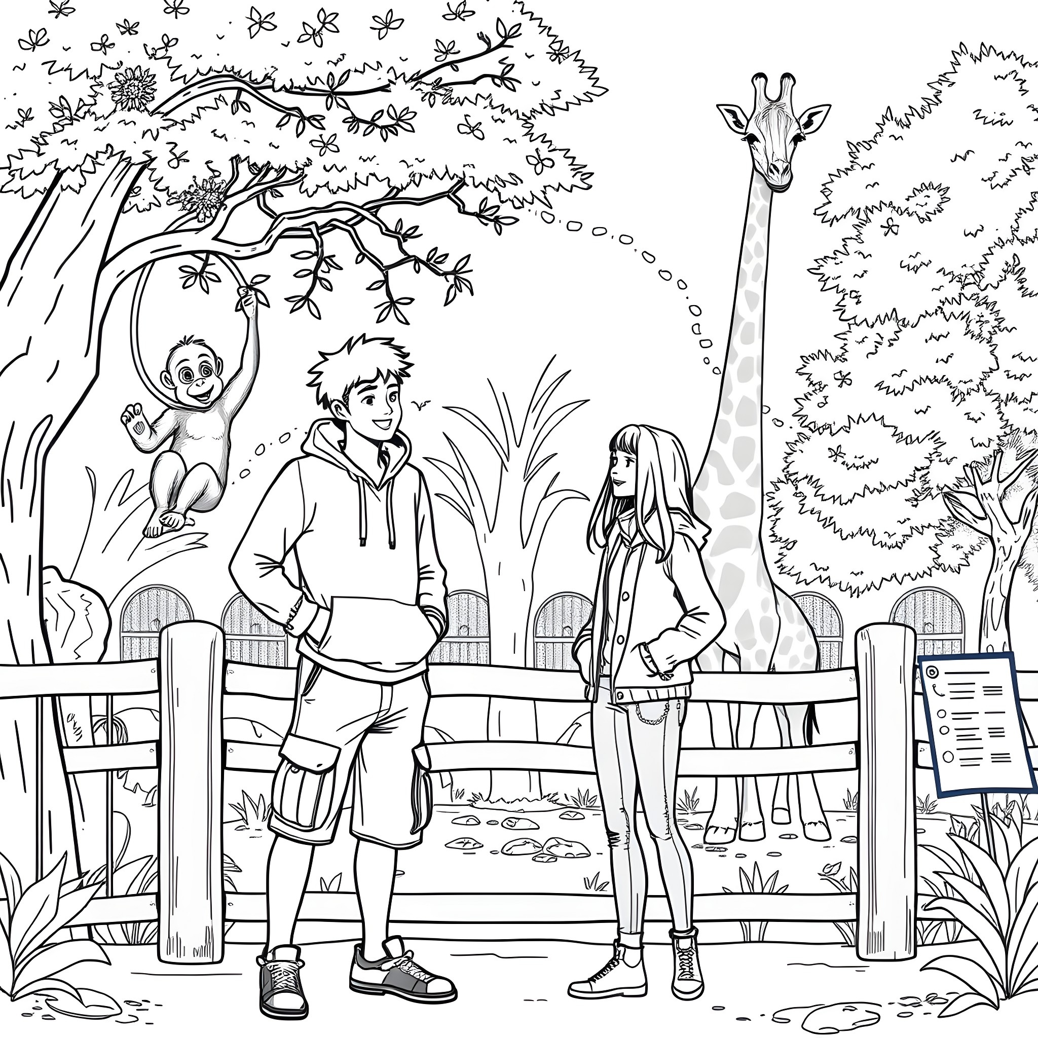Zoo visitors exploring the animal exhibits Coloring Page (free black-and-white line drawing printable PDF for all, from beginners to advanced learners, including children, teens, adults, and seniors)
