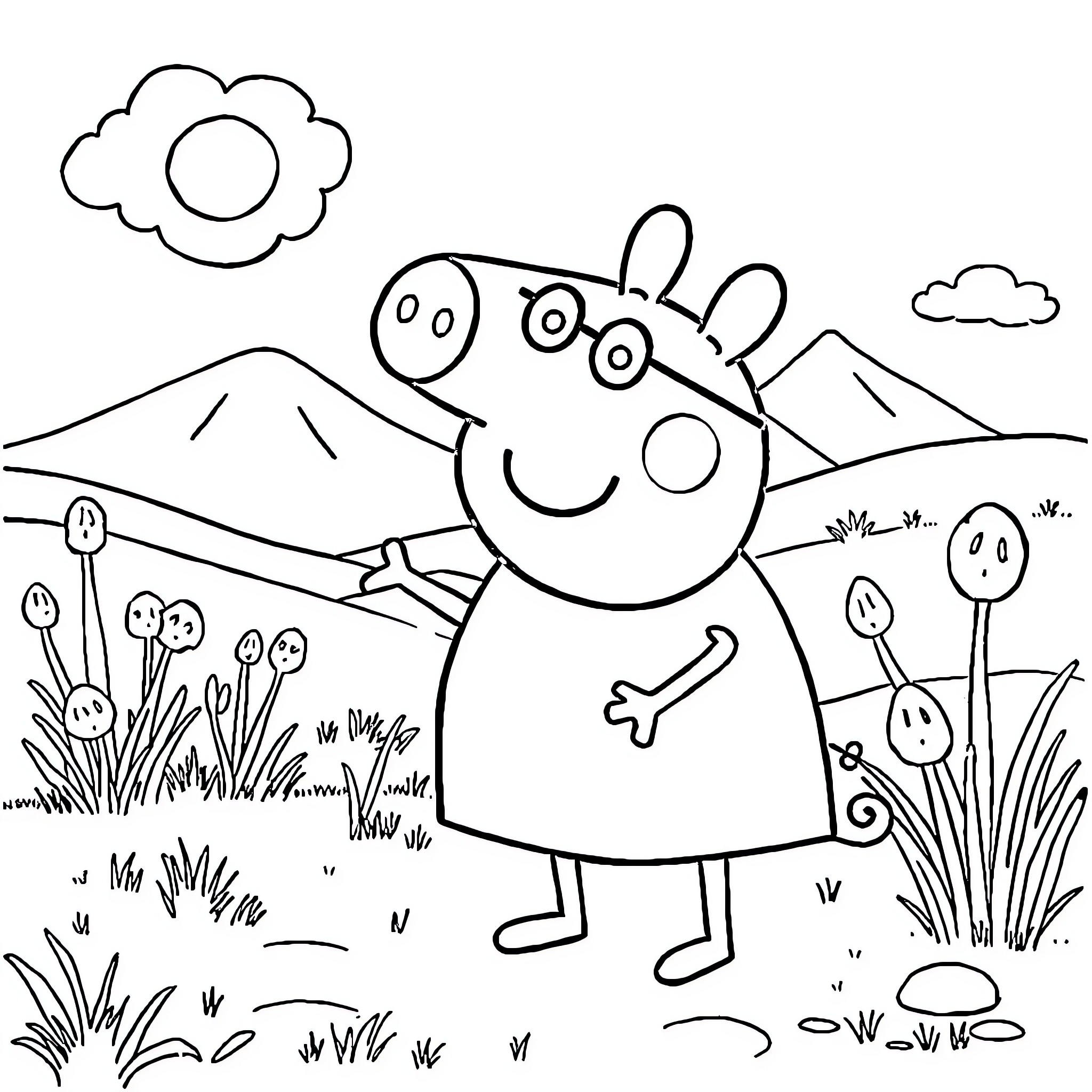 Peppa Pig enjoying nature in the countryside Coloring Page (free black-and-white line drawing printable PDF for all, from beginners to advanced learners, including children, teens, adults, and seniors)