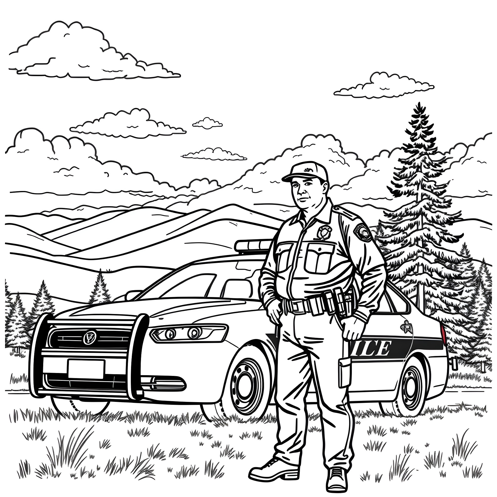 Massachusetts State Police officer in scenic landscape Coloring Page (free black-and-white line drawing printable PDF for all, from beginners to advanced learners, including children, teens, adults, and seniors)
