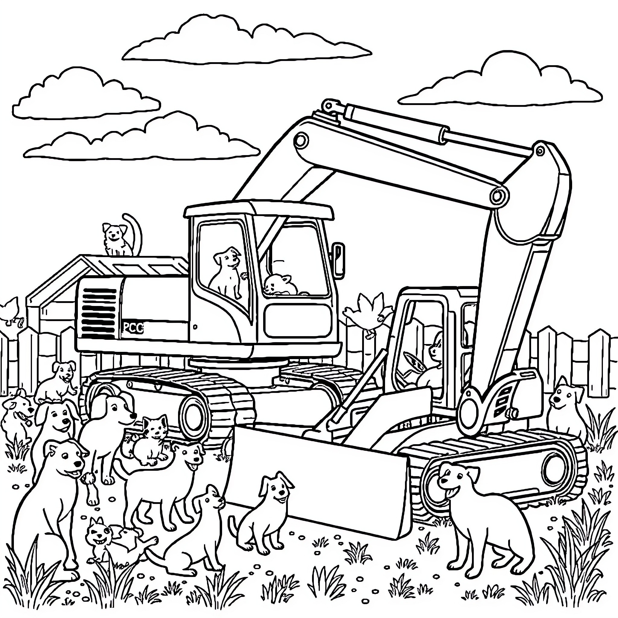 Excavator at a construction site with animals Coloring Page (free black-and-white line drawing printable PDF for all, from beginners to advanced learners, including children, teens, adults, and seniors)