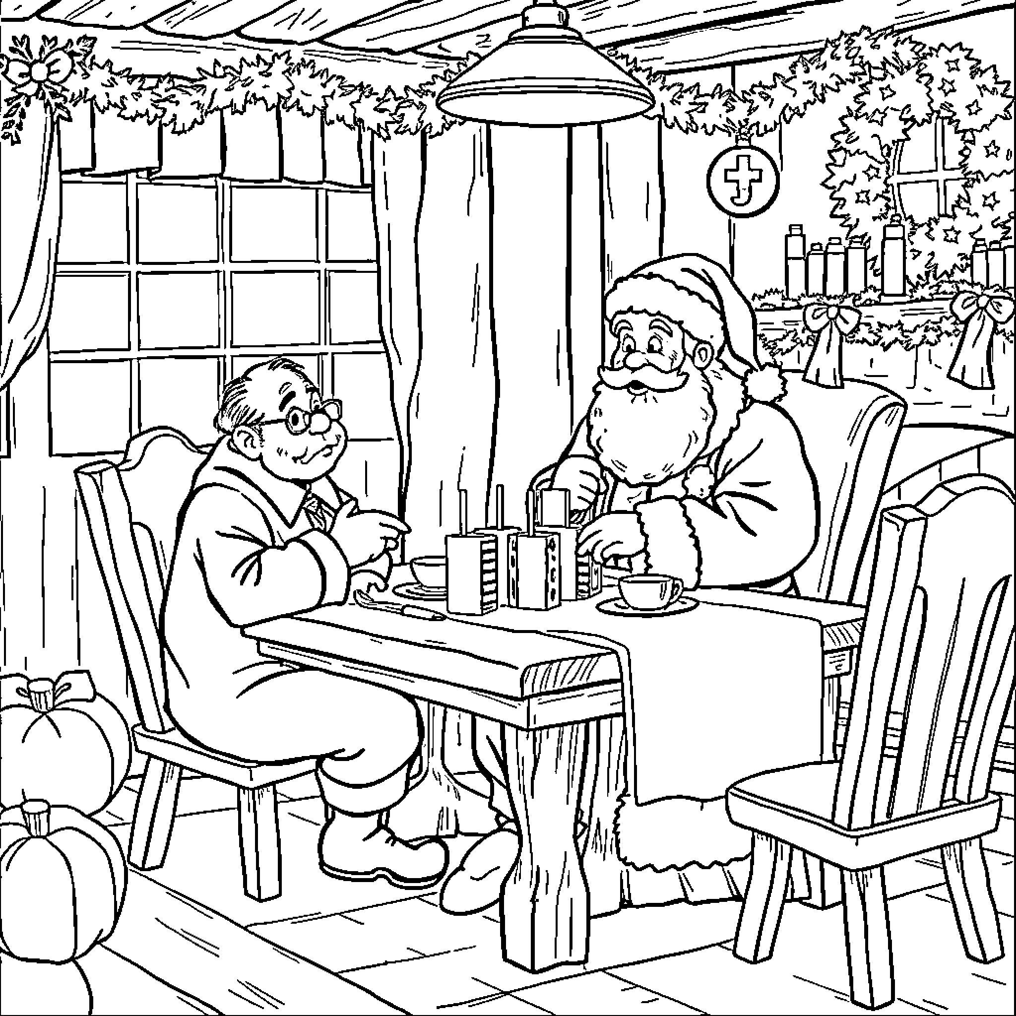 Scrooge and Santa enjoy a cozy holiday gathering Coloring Page (free black-and-white line drawing printable PDF for all, from beginners to advanced learners, including children, teens, adults, and seniors)