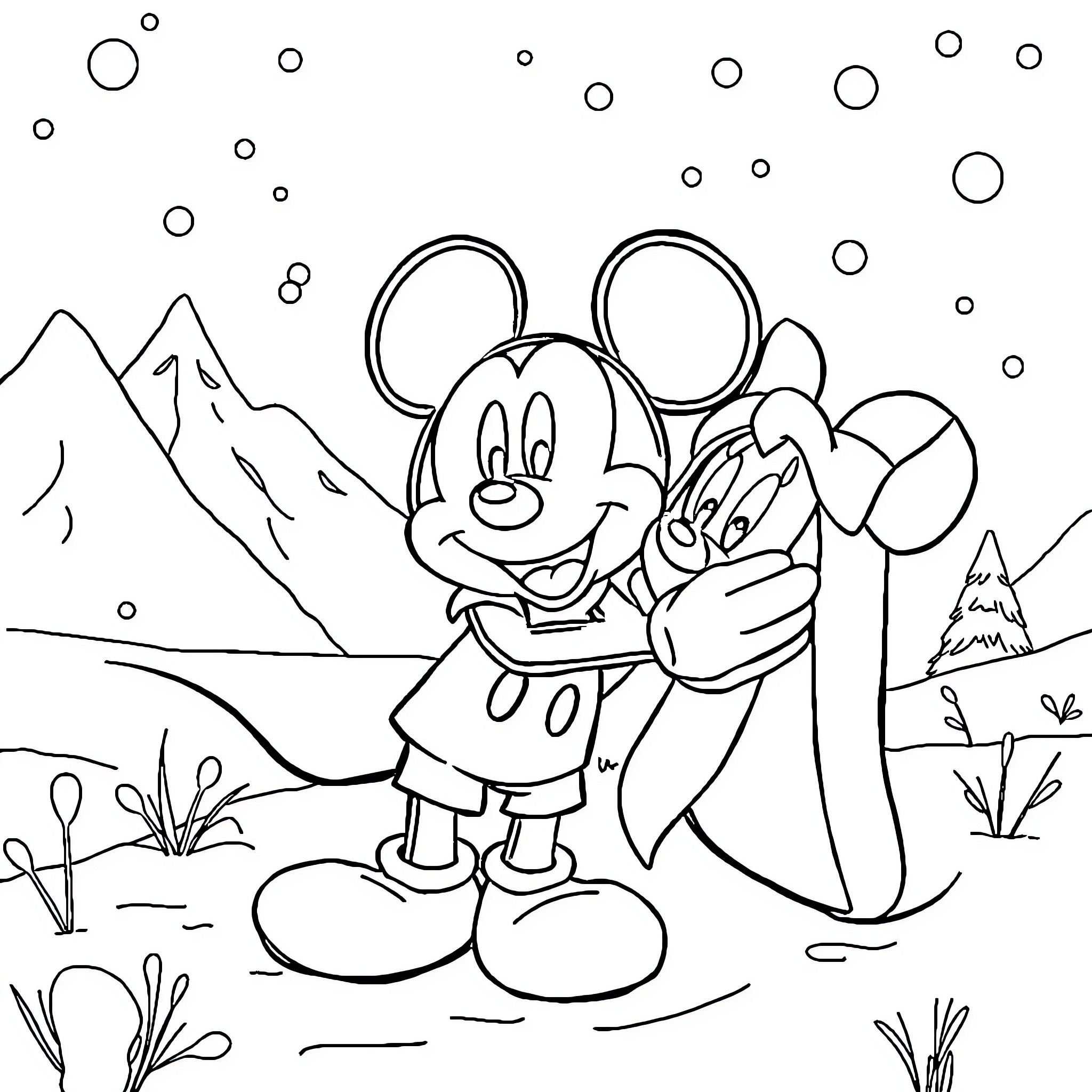 Mickey enjoying the outdoors with friend Coloring Page (free black-and-white line drawing printable PDF for all, from beginners to advanced learners, including children, teens, adults, and seniors)