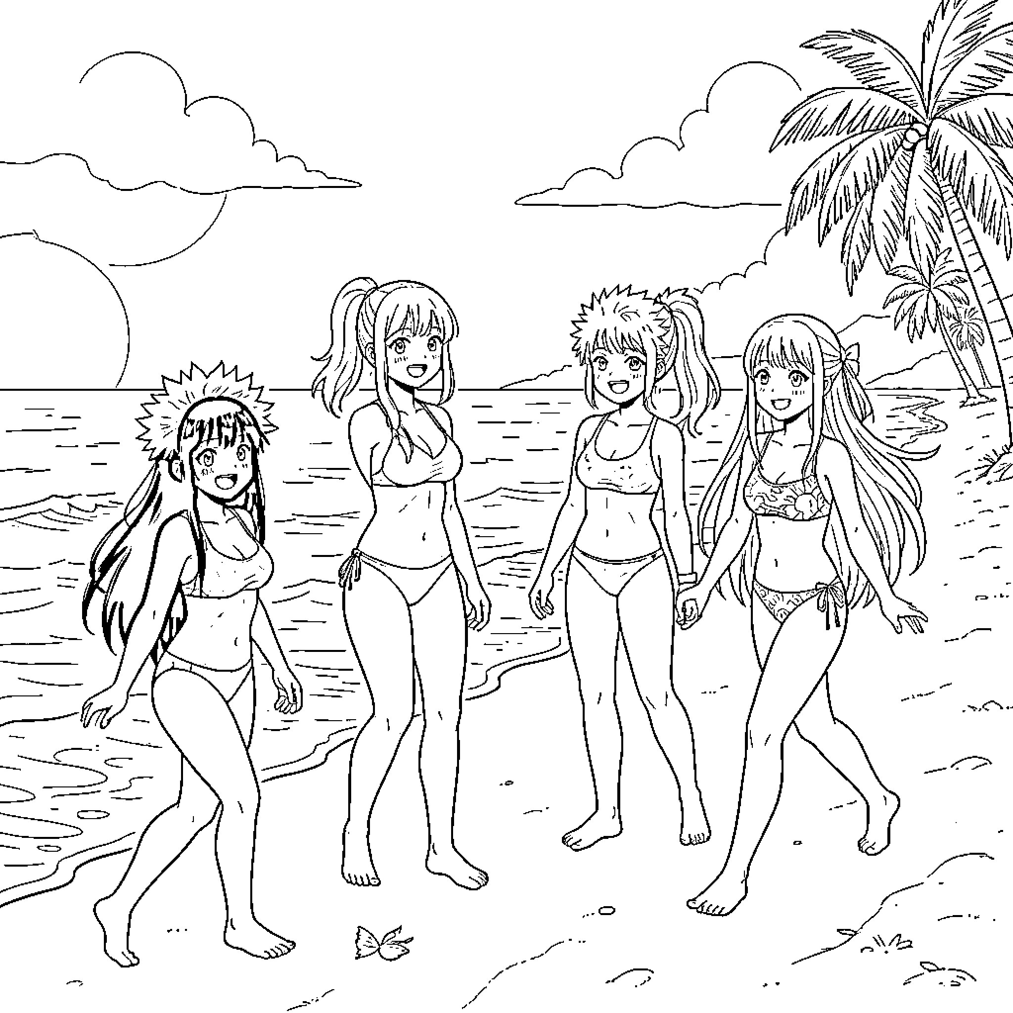 Jujutsu Kaisen Girls on Tropical Beach Coloring Page (free black-and-white line drawing printable PDF for all, from beginners to advanced learners, including children, teens, adults, and seniors)