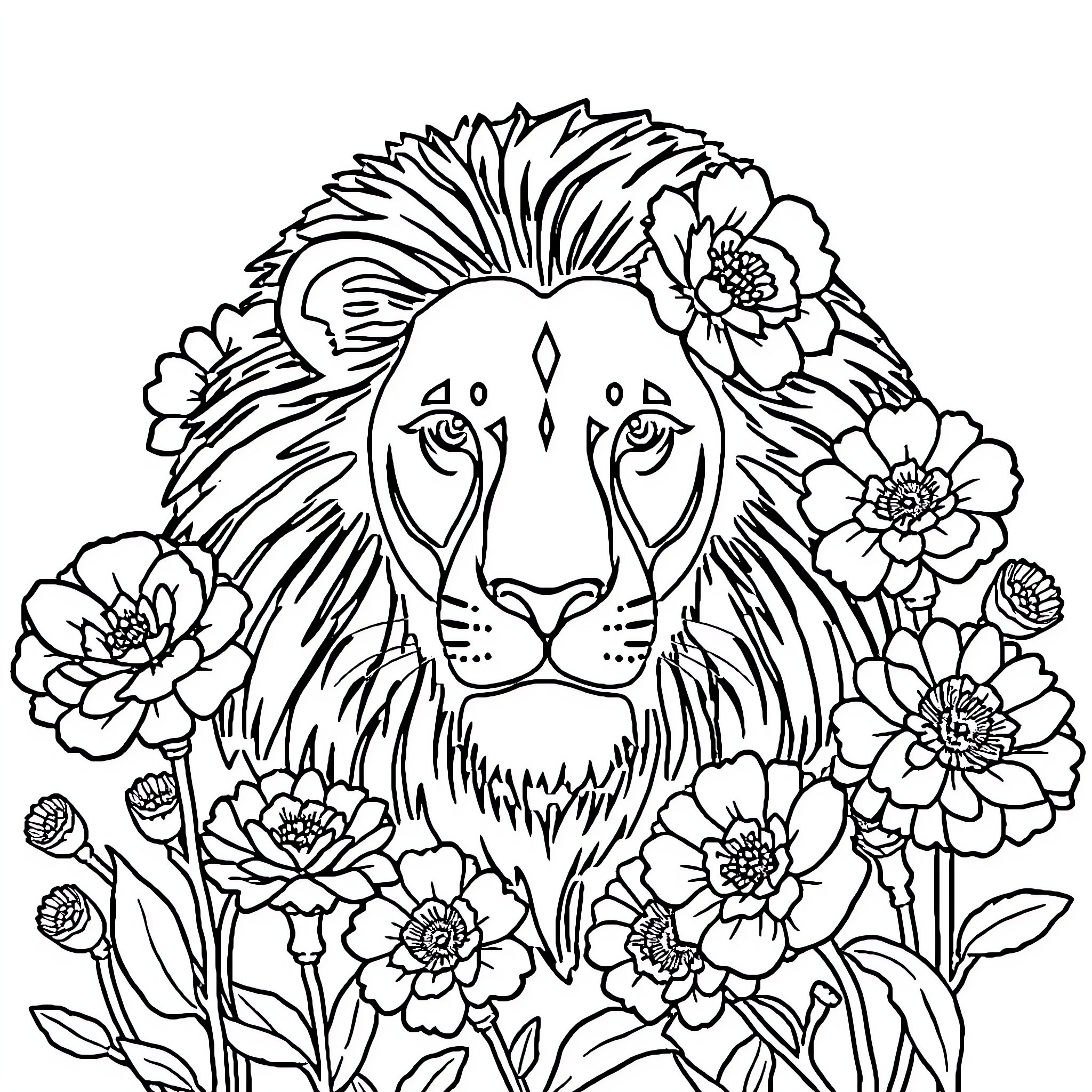 Lion surrounded by beautiful flowers Coloring Page (free black-and-white line drawing printable PDF for all, from beginners to advanced learners, including children, teens, adults, and seniors)