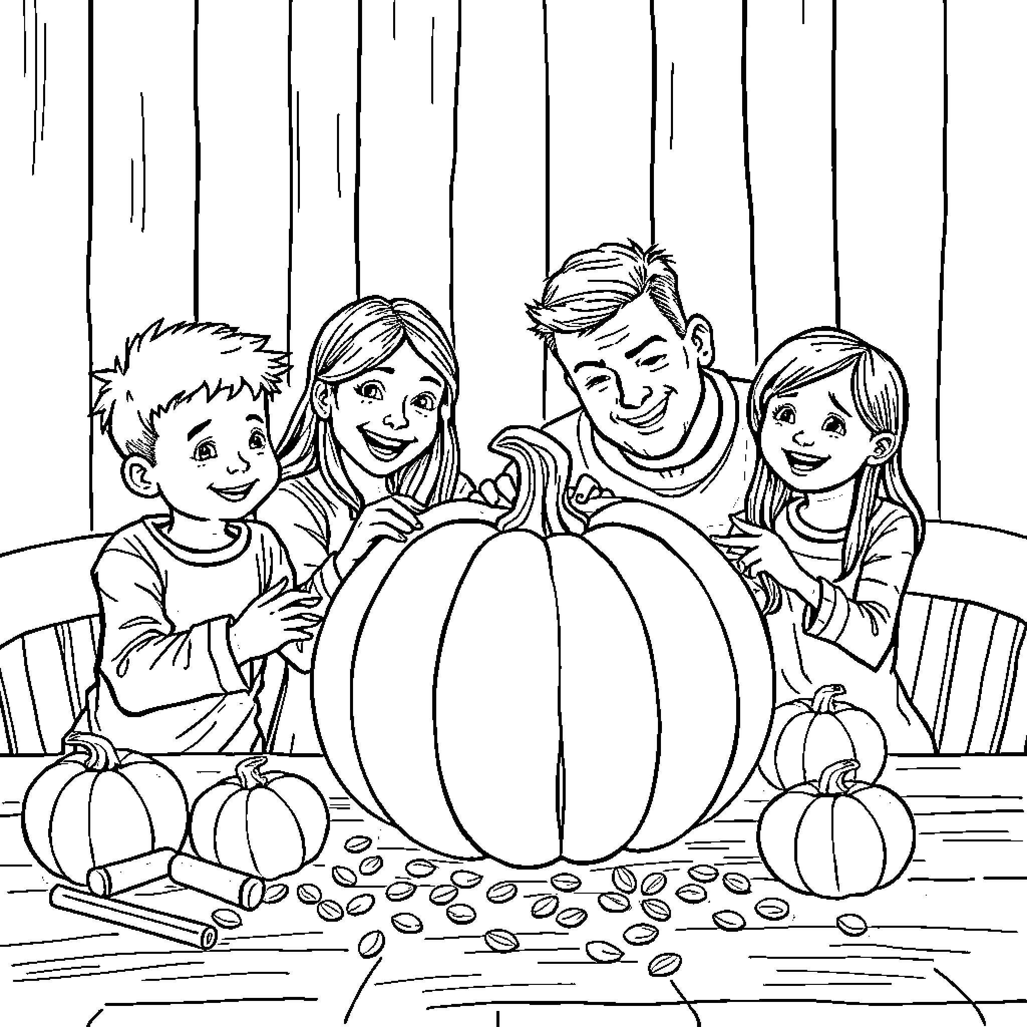 Pumpkin Carving Family Fun Coloring Page (free black-and-white line drawing printable PDF for all, from beginners to advanced learners, including children, teens, adults, and seniors)