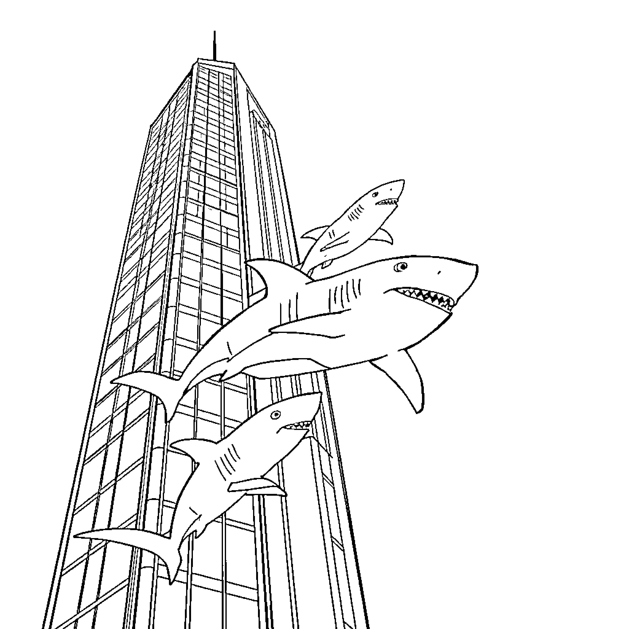 Shark jumping out of tall skyscraper Coloring Page (free black-and-white line drawing printable PDF for all, from beginners to advanced learners, including children, teens, adults, and seniors)
