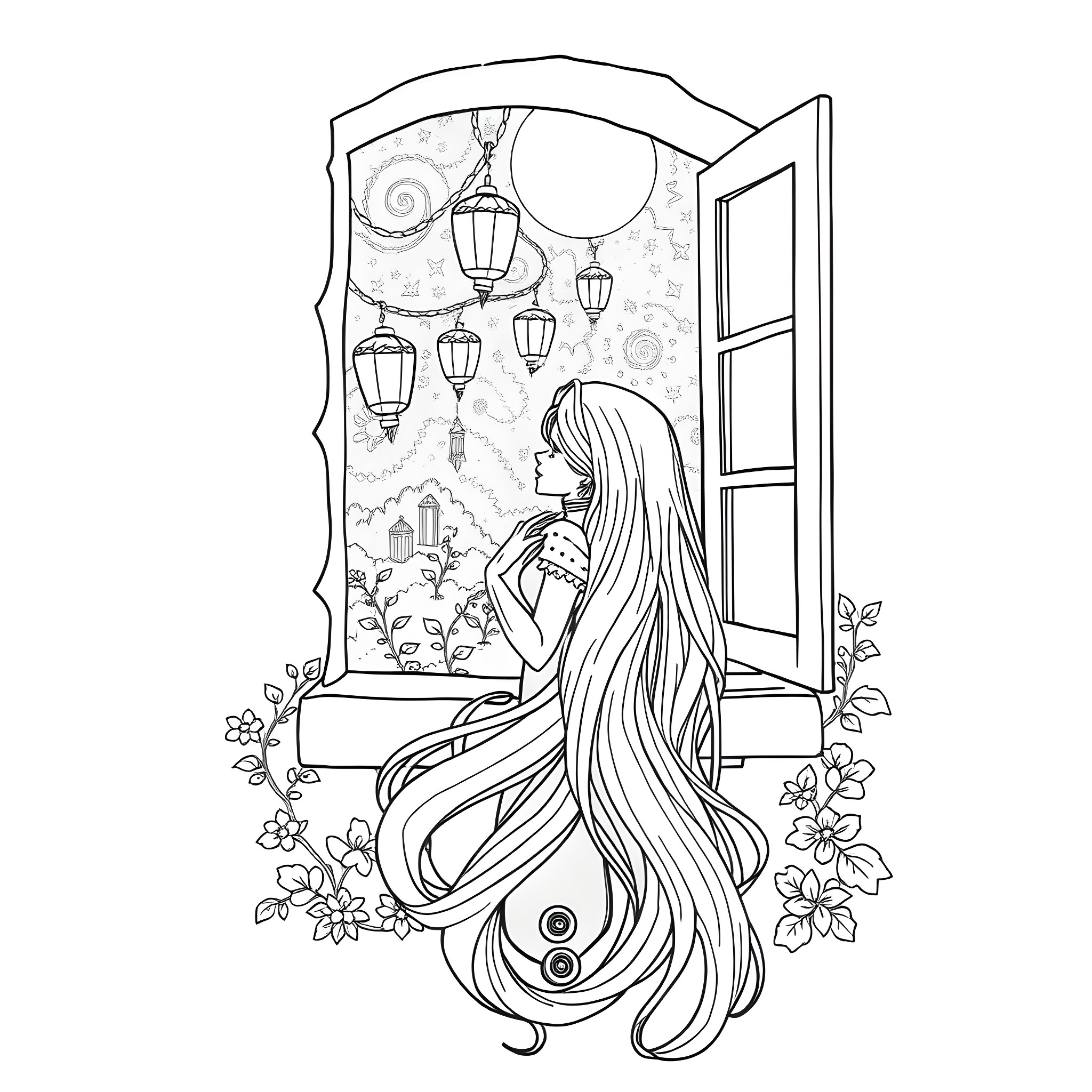 Rapunzel gazing out from a window with ornate lanterns Coloring Page (free black-and-white line drawing printable PDF for all, from beginners to advanced learners, including children, teens, adults, and seniors)