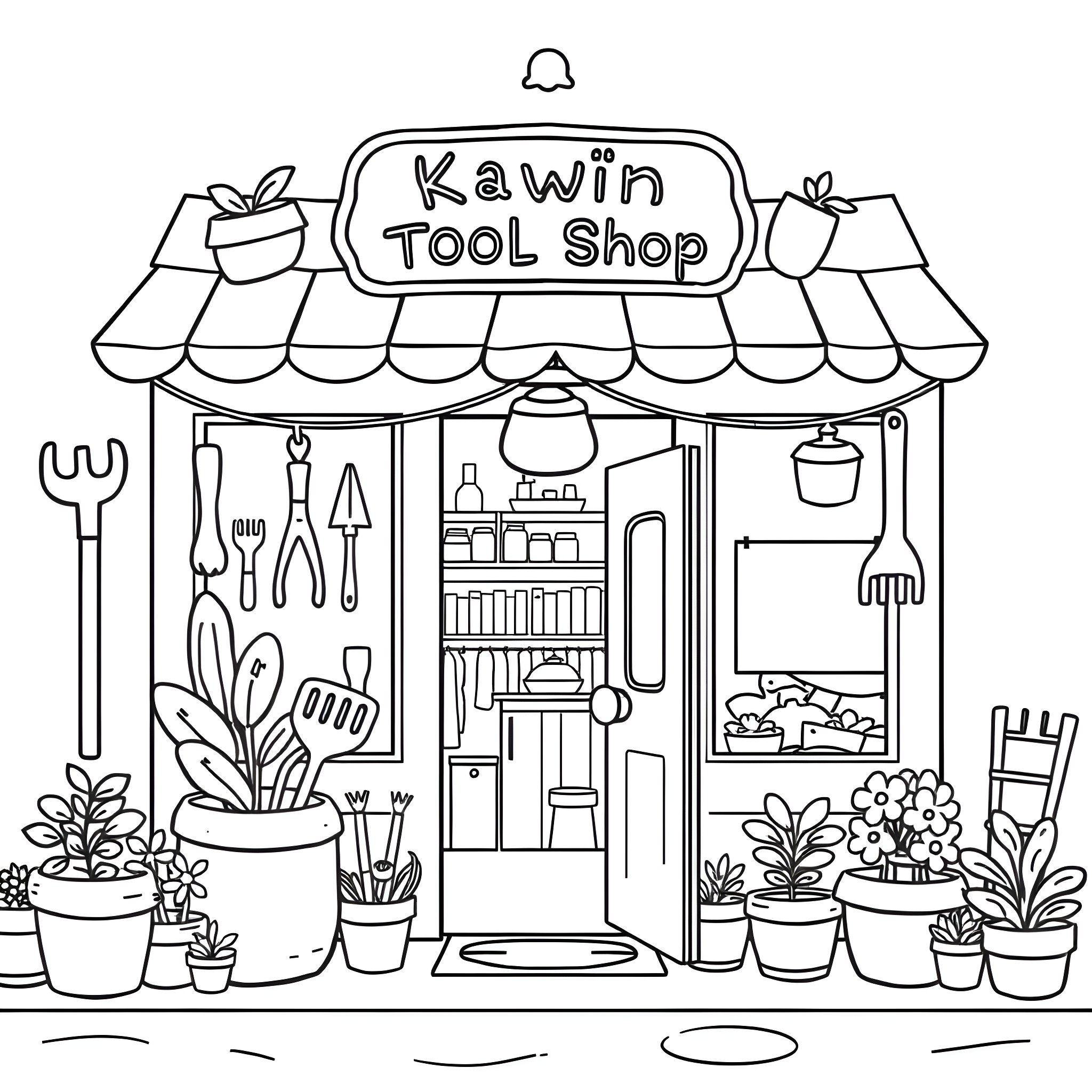 Tool Shop with various garden equipment Coloring Page (free black-and-white line drawing printable PDF for all, from beginners to advanced learners, including children, teens, adults, and seniors)