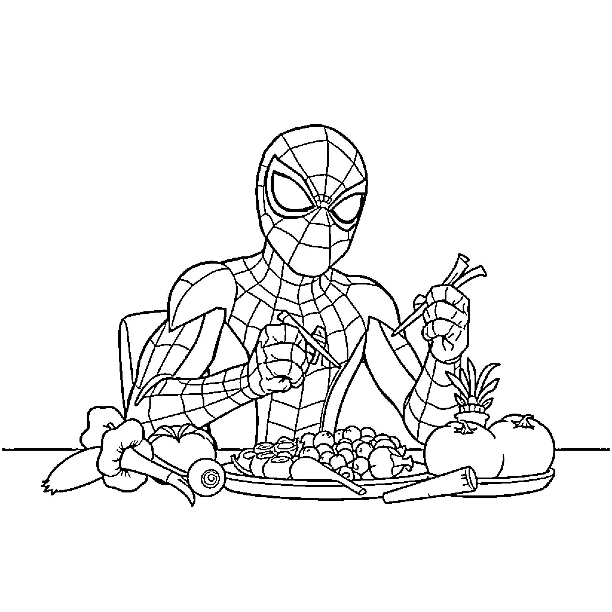 Spiderman preparing a healthy meal Coloring Page (free black-and-white line drawing printable PDF for all, from beginners to advanced learners, including children, teens, adults, and seniors)