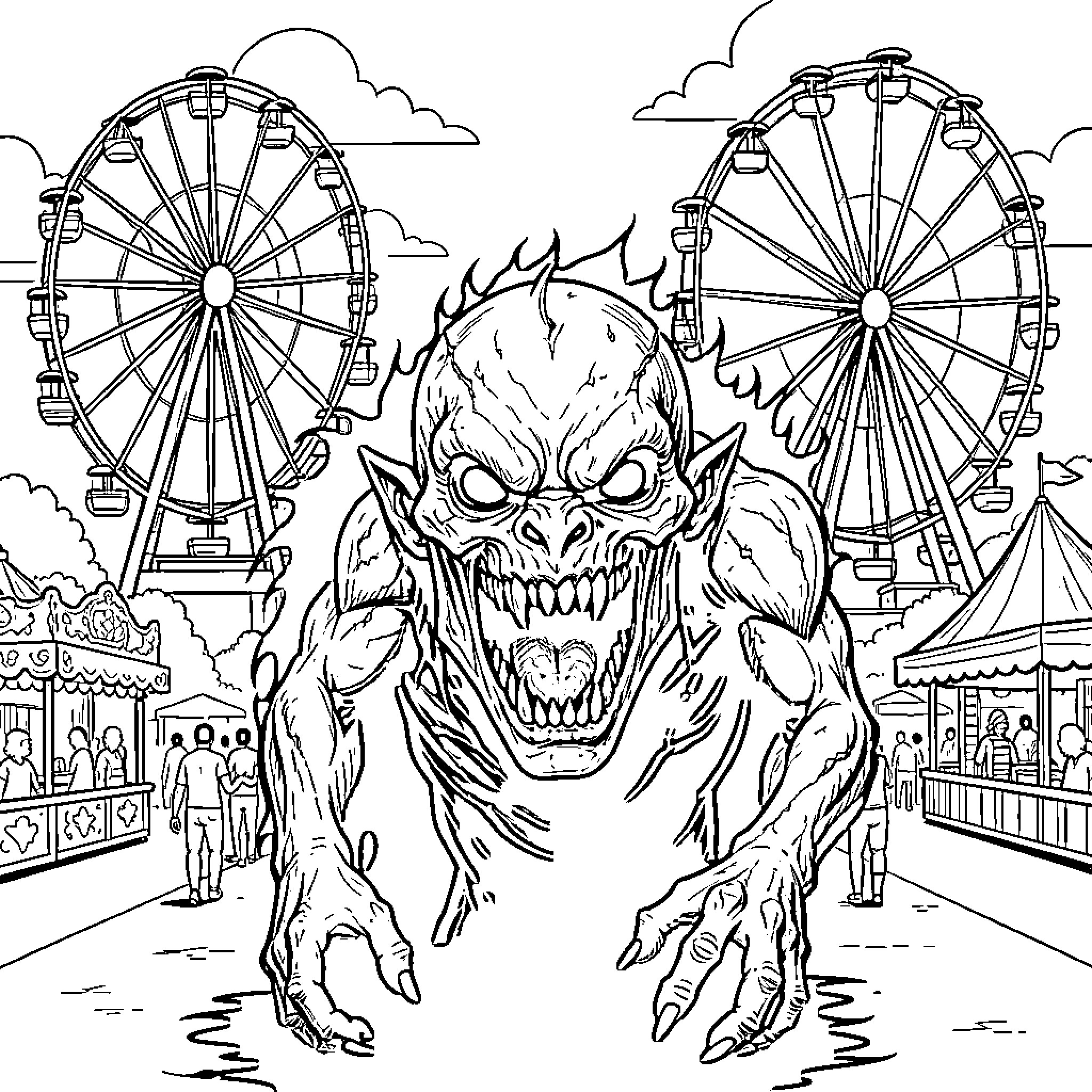 Monster roaring fiercely at an amusement park Coloring Page (free black-and-white line drawing printable PDF for all, from beginners to advanced learners, including children, teens, adults, and seniors)