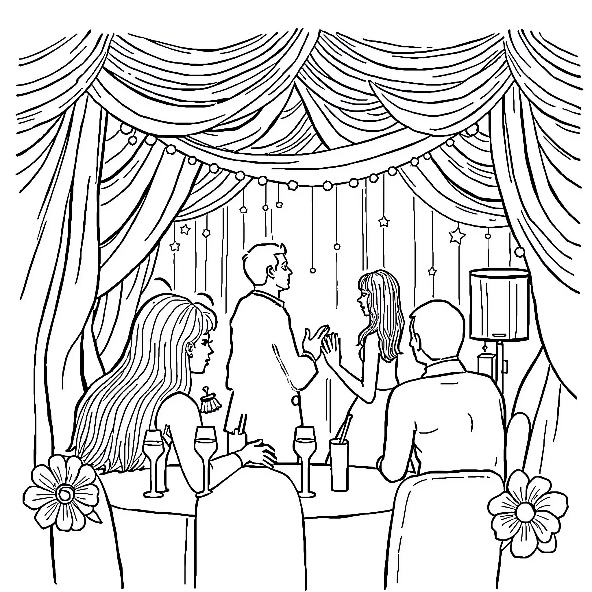 Invitation to a Festive Gathering Coloring Page (free black-and-white line drawing printable PDF for all, from beginners to advanced learners, including children, teens, adults, and seniors)