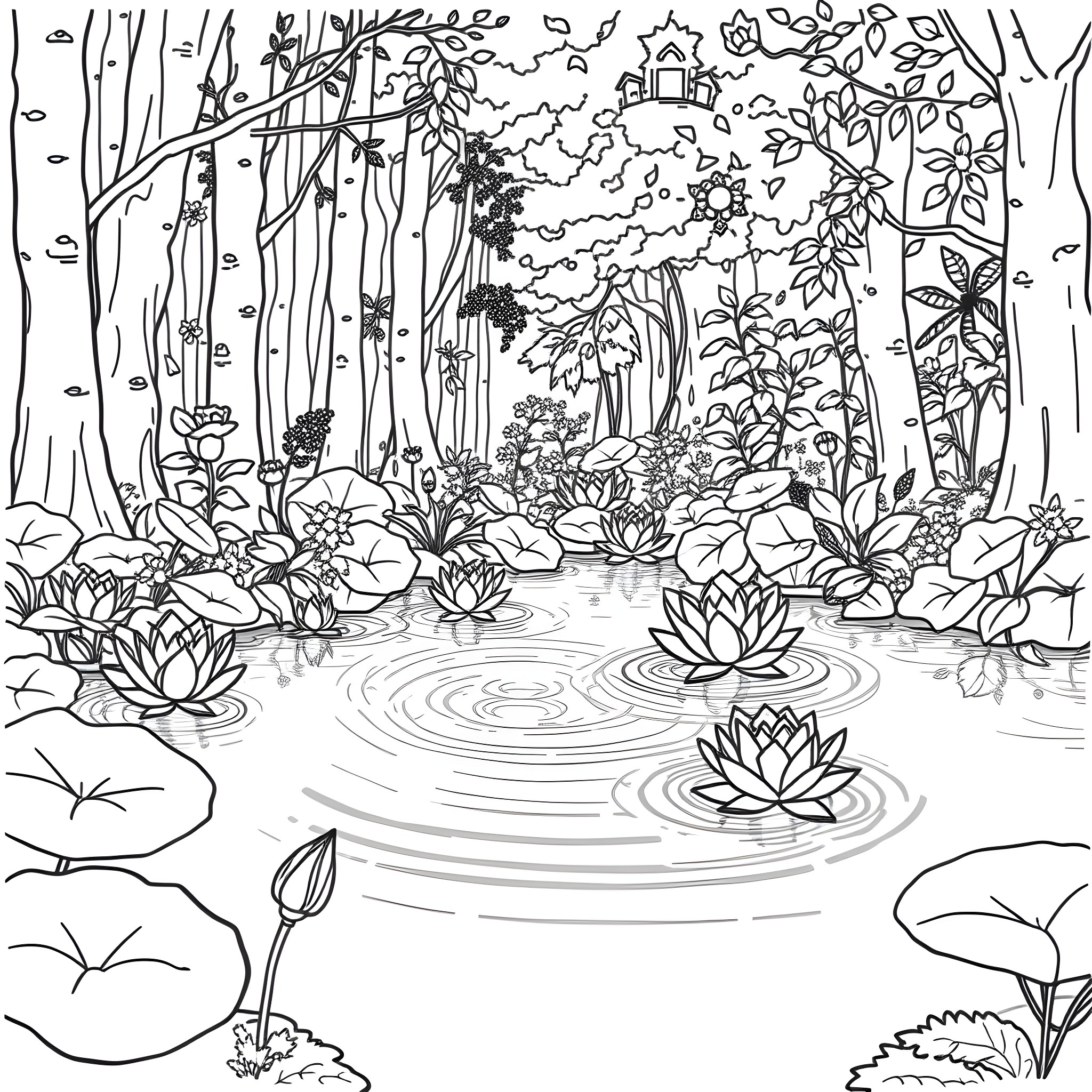 Lotus Pond Tranquility Coloring Page (free black-and-white line drawing printable PDF for all, from beginners to advanced learners, including children, teens, adults, and seniors)