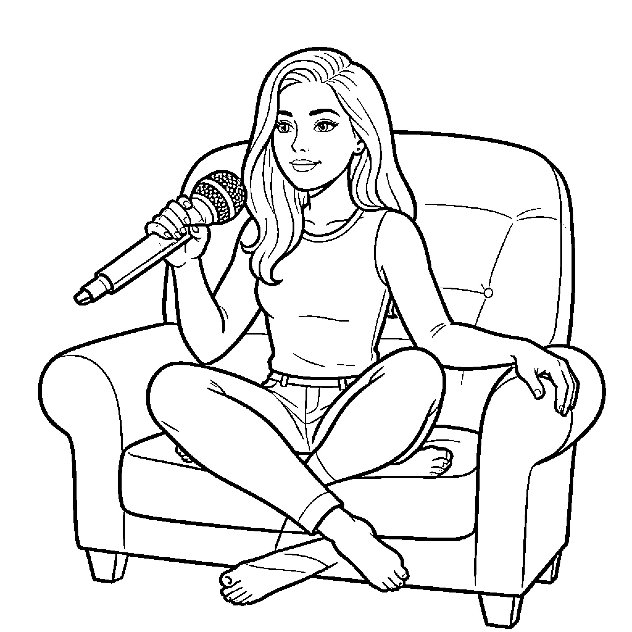 Lady holding a microphone while sitting on a chair Coloring Page (free black-and-white line drawing printable PDF for all, from beginners to advanced learners, including children, teens, adults, and seniors)