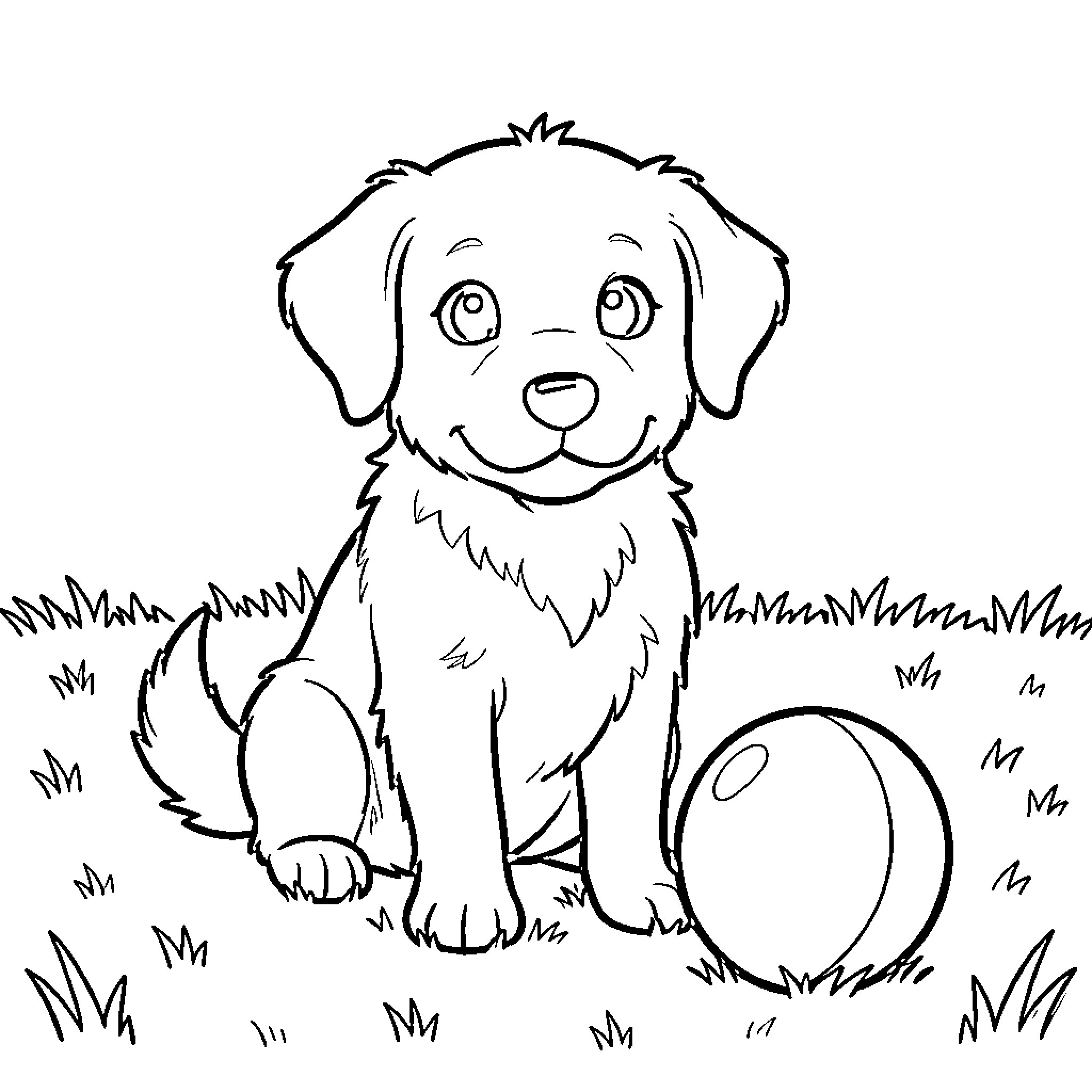 Dog sitting happily on the grass with a ball Coloring Page (free black-and-white line drawing printable PDF for all, from beginners to advanced learners, including children, teens, adults, and seniors)