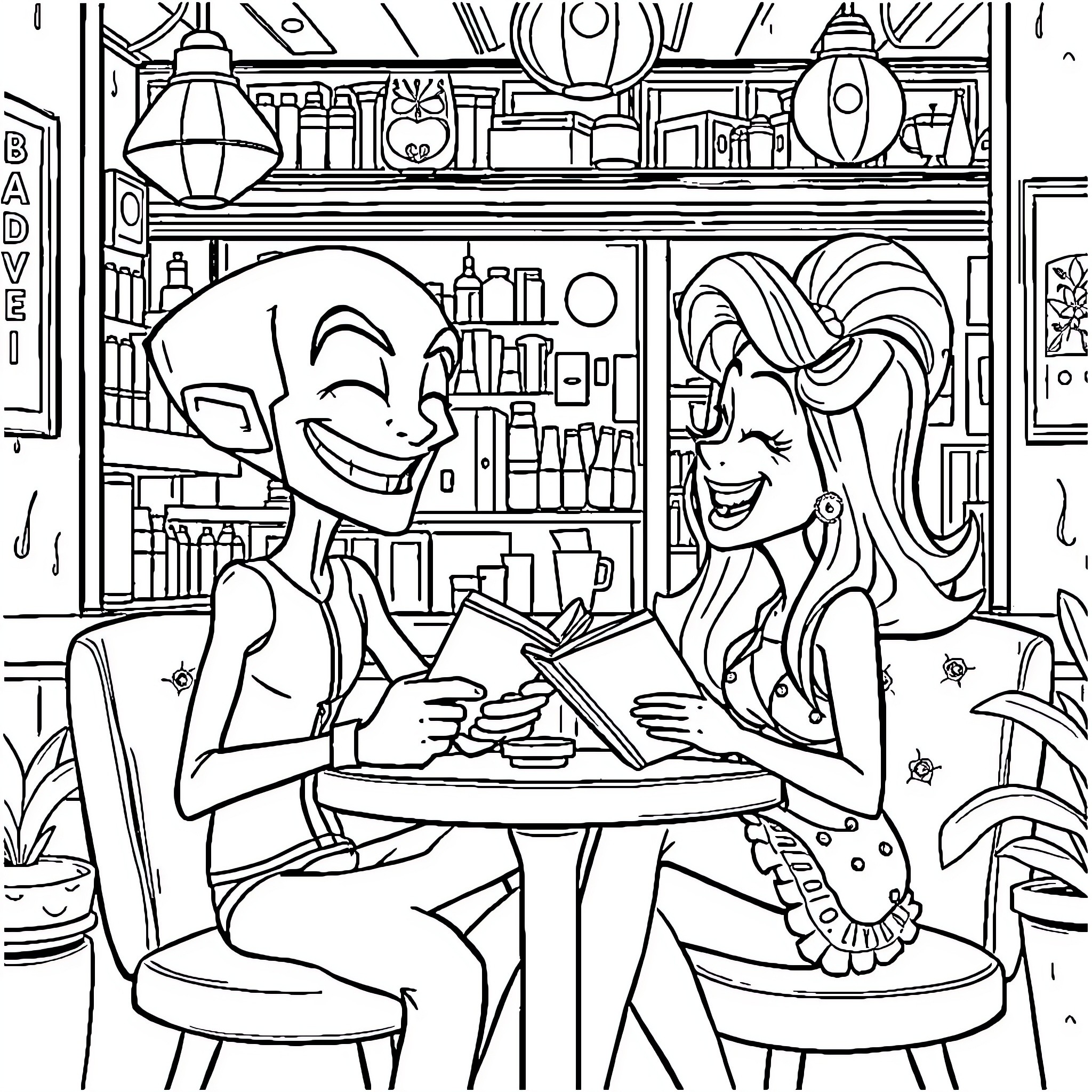 Mega Mind: Couple Enjoying Conversation at Cafe Coloring Page (free black-and-white line drawing printable PDF for all, from beginners to advanced learners, including children, teens, adults, and seniors)
