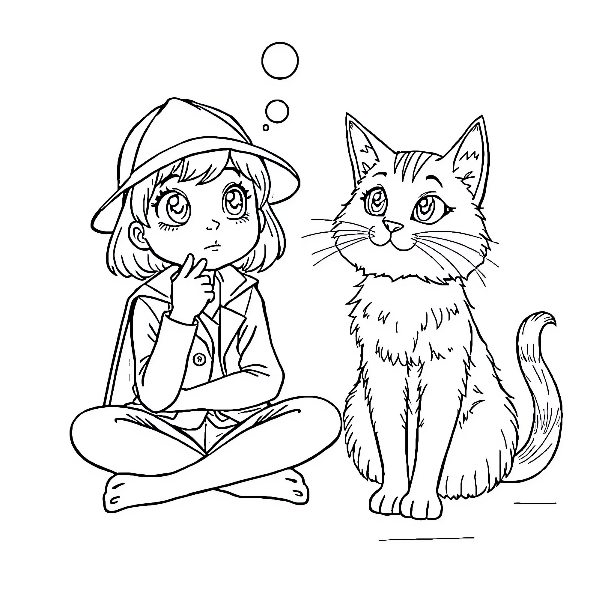 Detective Girl and Curious Cat Observe Together Coloring Page (free black-and-white line drawing printable PDF for all, from beginners to advanced learners, including children, teens, adults, and seniors)
