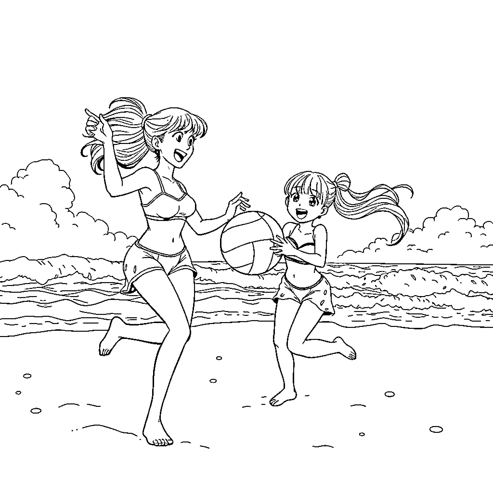 Rinoa and her daughter playing at the beach Coloring Page (free black-and-white line drawing printable PDF for all, from beginners to advanced learners, including children, teens, adults, and seniors)