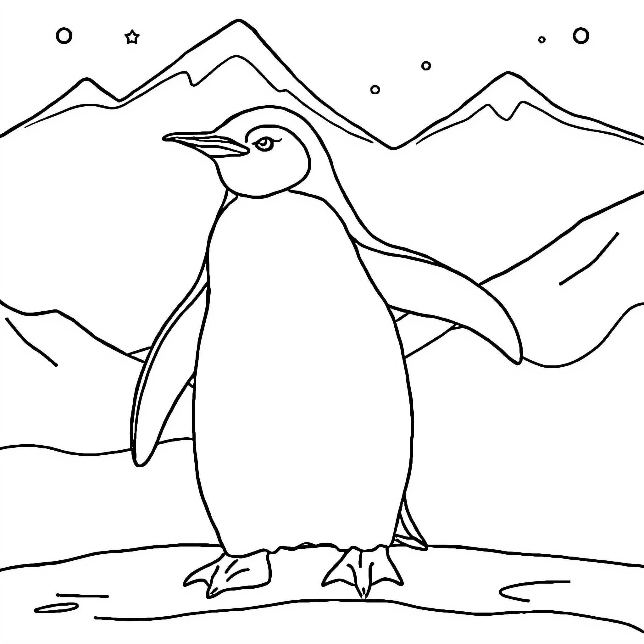 Penguin standing amidst snowy mountains Coloring Page (free black-and-white line drawing printable PDF for all, from beginners to advanced learners, including children, teens, adults, and seniors)