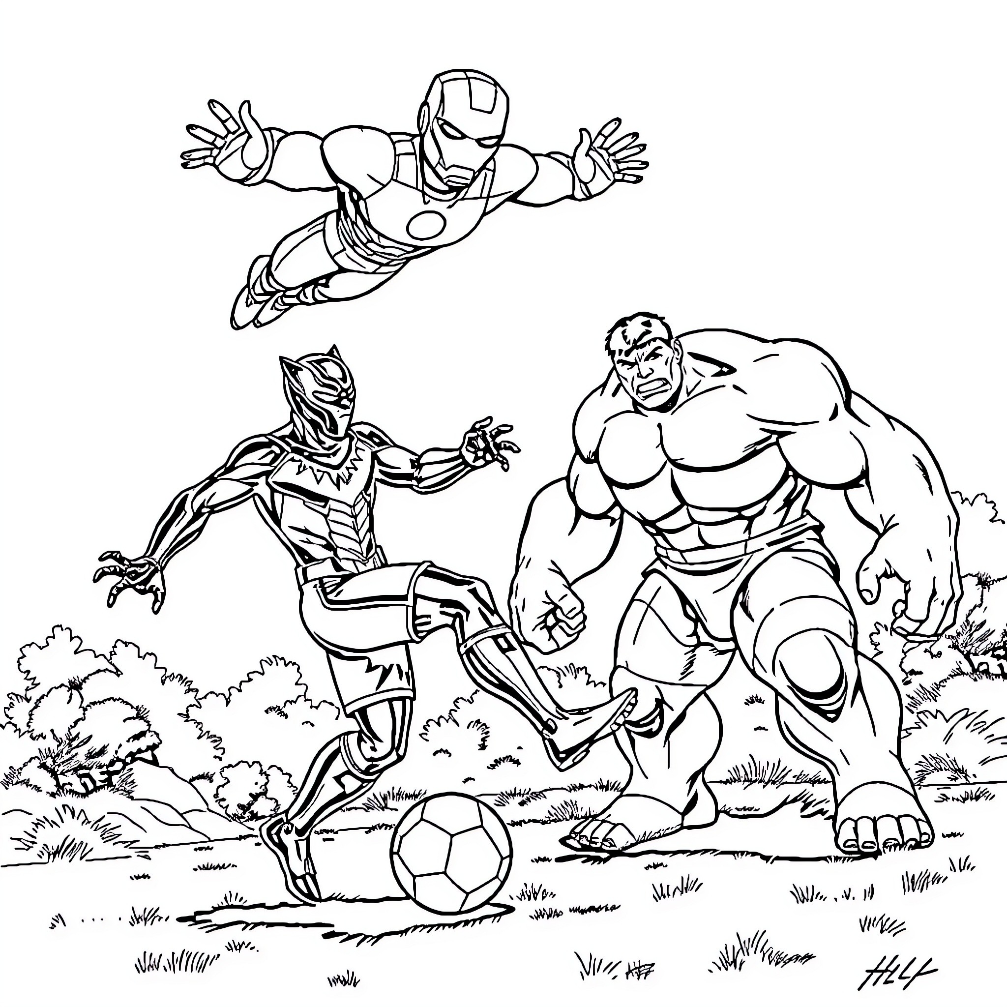 Black Panther battles Iron Man and Hulk in epic showdown Coloring Page (free black-and-white line drawing printable PDF for all, from beginners to advanced learners, including children, teens, adults, and seniors)
