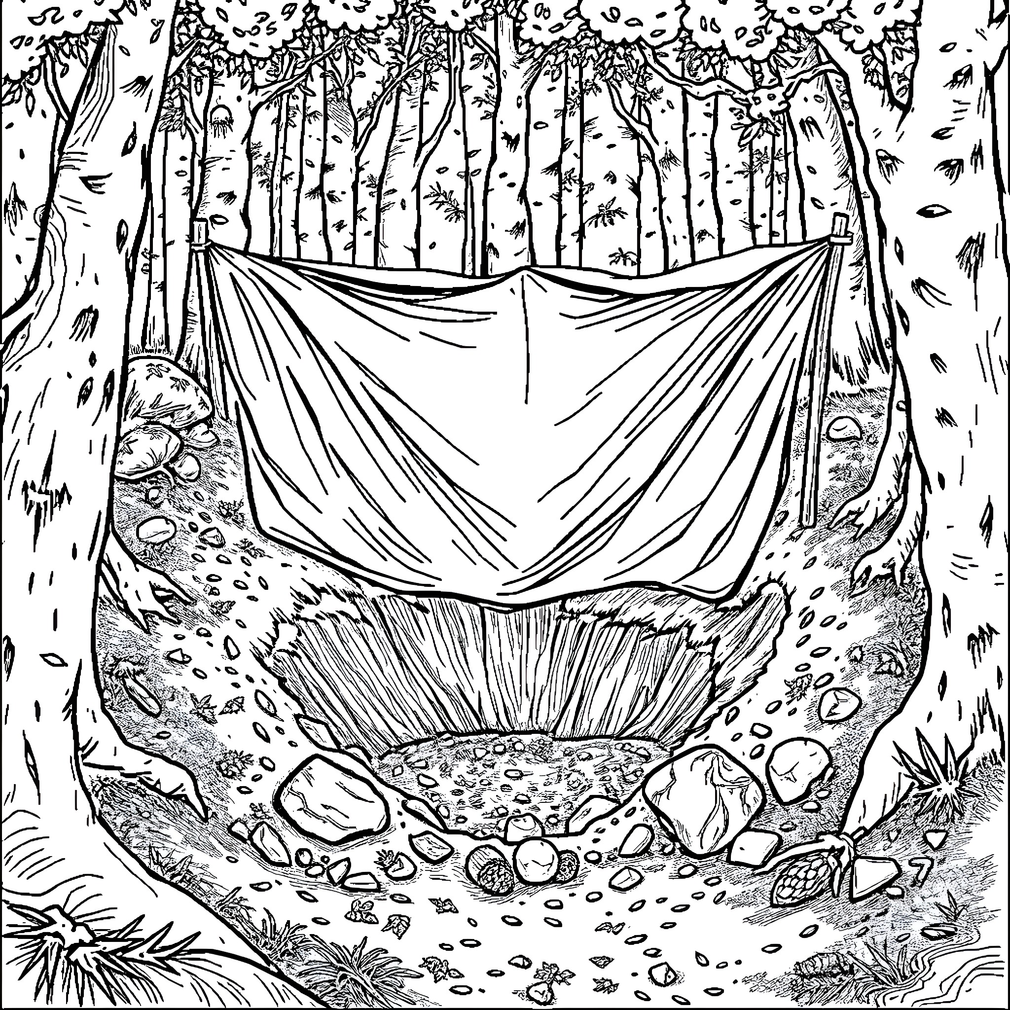 Trap set in the mysterious forest Coloring Page (free black-and-white line drawing printable PDF for all, from beginners to advanced learners, including children, teens, adults, and seniors)
