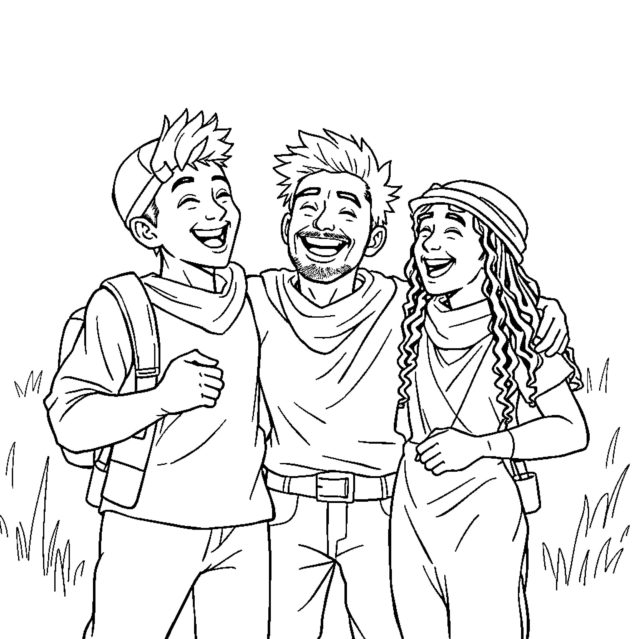 Huntrix's Happy Adventure with Friends Coloring Page (free black-and-white line drawing printable PDF for all, from beginners to advanced learners, including children, teens, adults, and seniors)