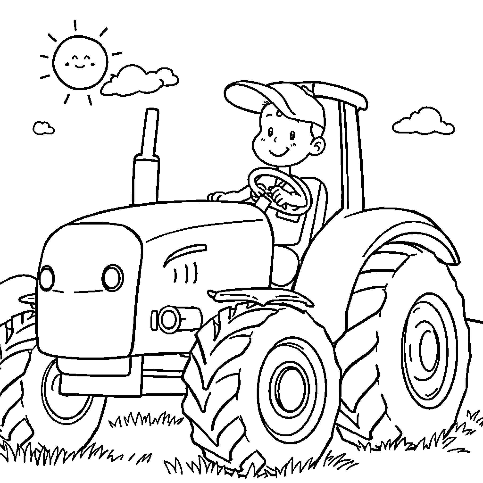 Boy driving a tractor on a sunny day Coloring Page (free black-and-white line drawing printable PDF for all, from beginners to advanced learners, including children, teens, adults, and seniors)