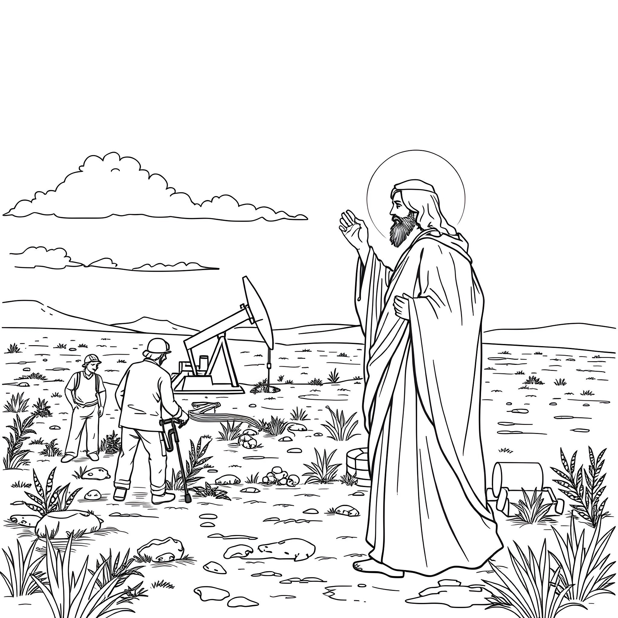 Jesus appears to workers in an oil field landscape Coloring Page (free black-and-white line drawing printable PDF for all, from beginners to advanced learners, including children, teens, adults, and seniors)