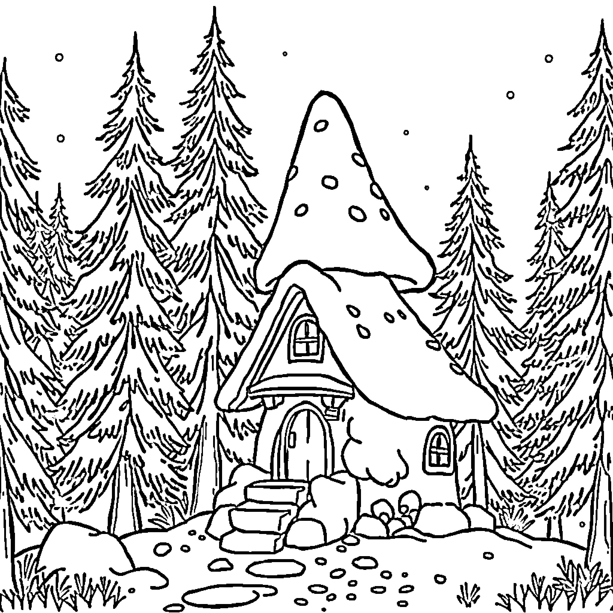 Mushroom cottage in the enchanted forest Coloring Page (free black-and-white line drawing printable PDF for all, from beginners to advanced learners, including children, teens, adults, and seniors)