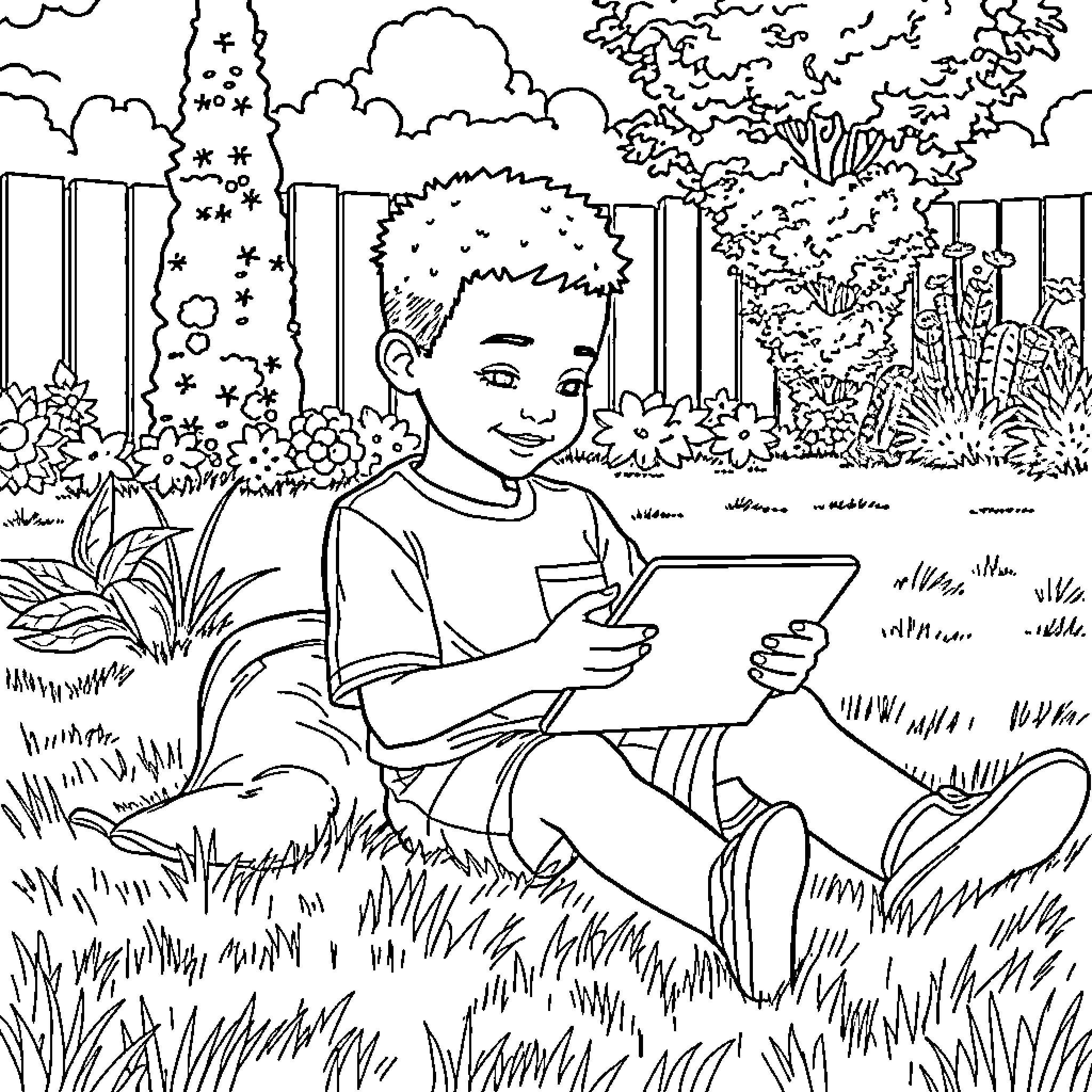 Boy using digital tablet in the park Coloring Page (free black-and-white line drawing printable PDF for all, from beginners to advanced learners, including children, teens, adults, and seniors)