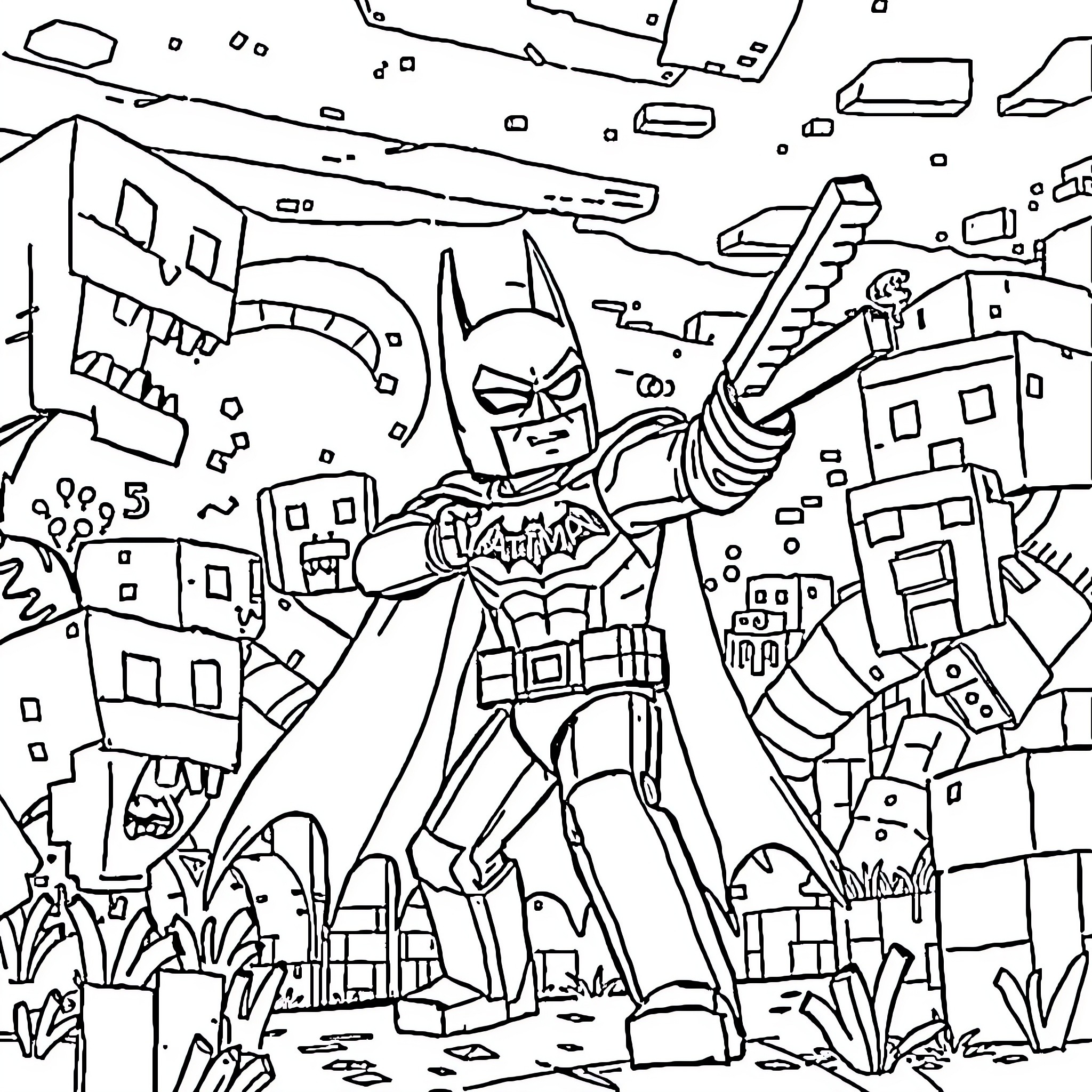 Batman fighting crime in the city Coloring Page (free black-and-white line drawing printable PDF for all, from beginners to advanced learners, including children, teens, adults, and seniors)