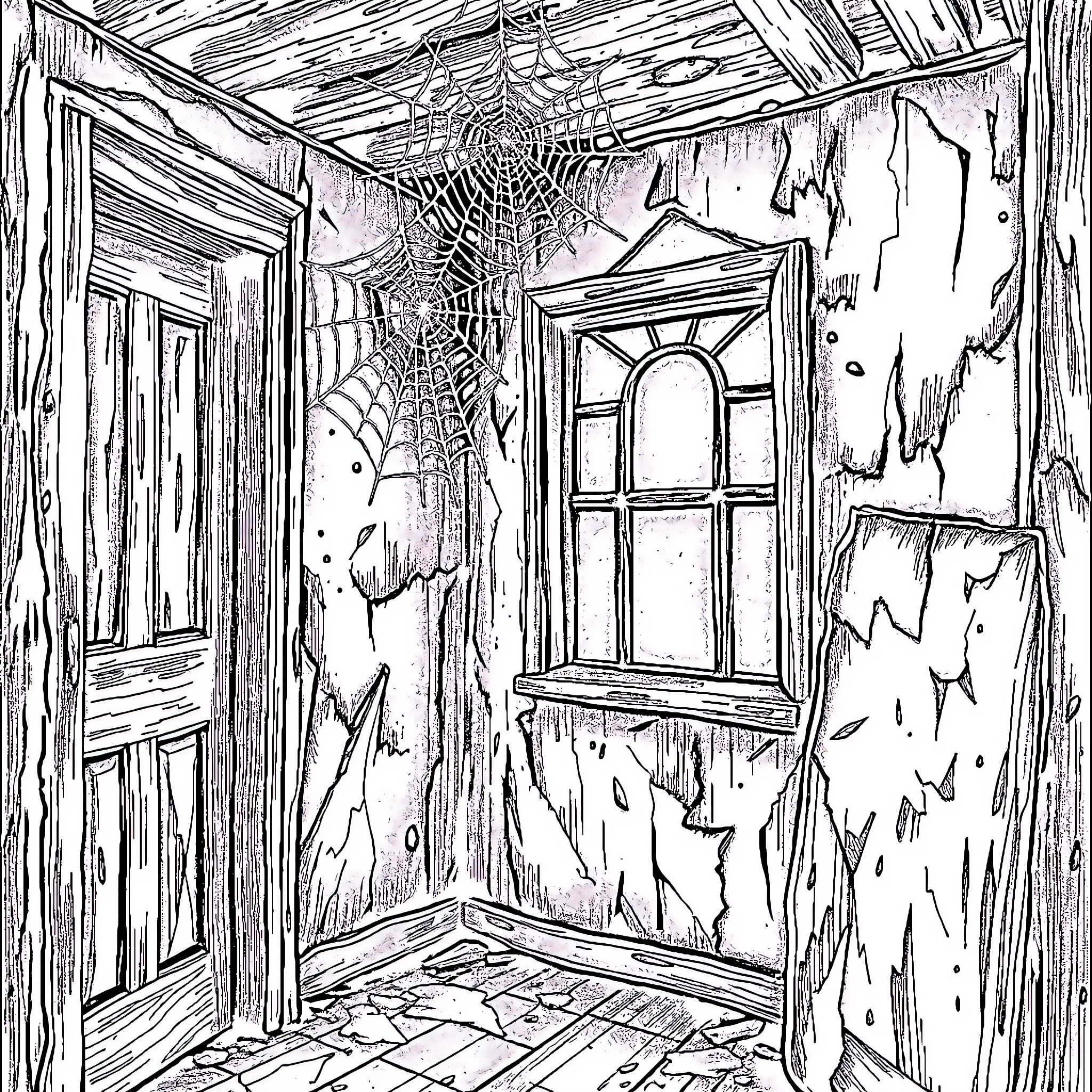 Spiderweb in Abandoned Cabin Coloring Page (free black-and-white line drawing printable PDF for all, from beginners to advanced learners, including children, teens, adults, and seniors)