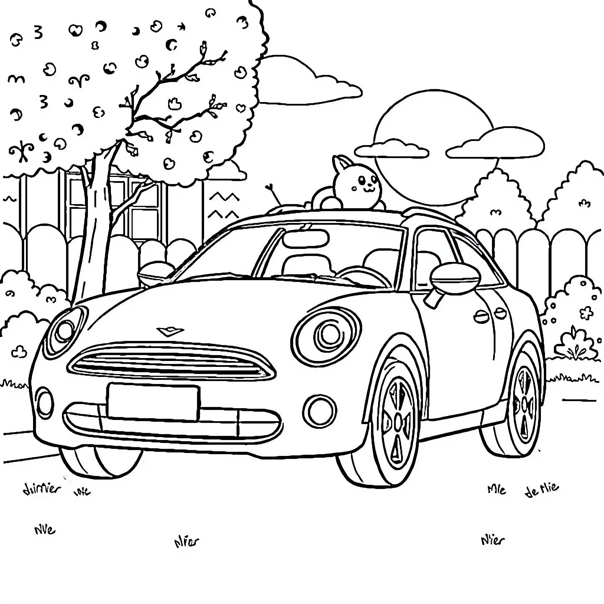 Car driving through a nature scene with a smiling animal Coloring Page (free black-and-white line drawing printable PDF for all, from beginners to advanced learners, including children, teens, adults, and seniors)